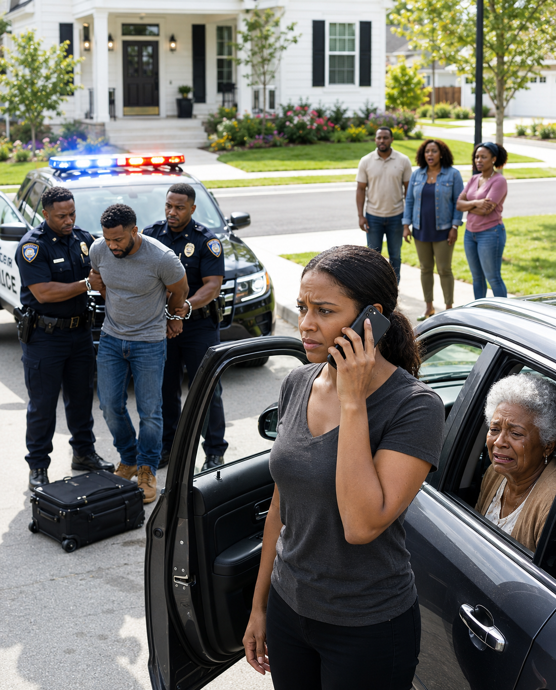 I came home to find my mother crying on the porch as my cousin shouted, “Get out this house is mine now!” I helped her into the car and made one quiet call. Thirty minutes later, police lights filled the yard. “Miss,” an officer said, “You’re under arrest.”