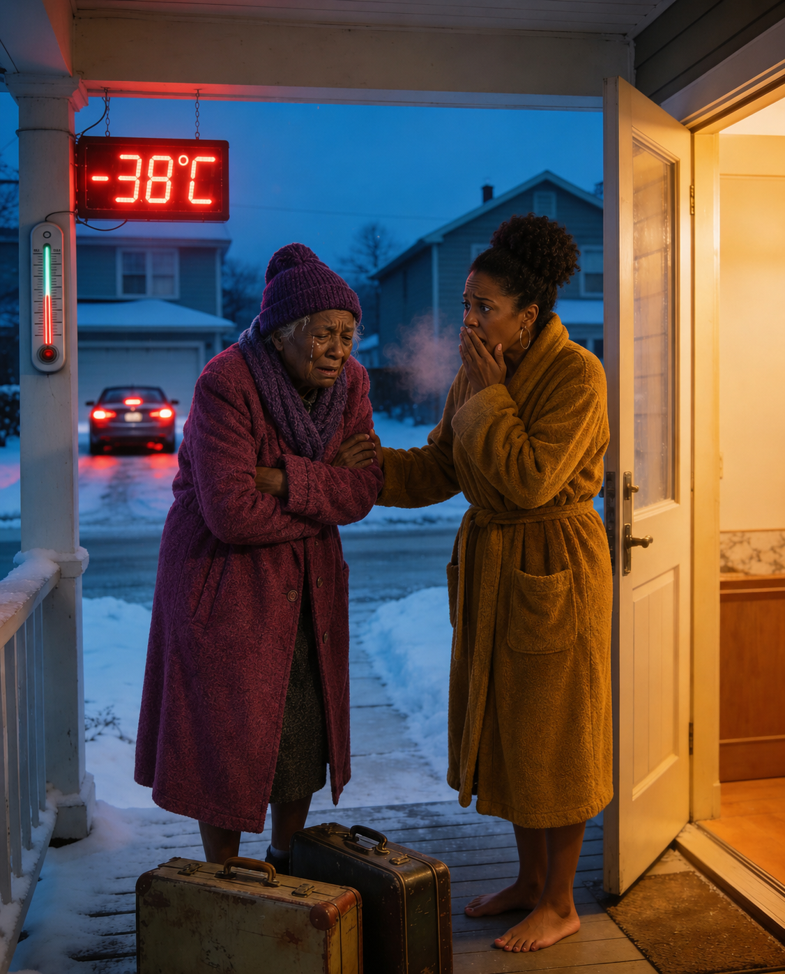 I opened my door at 5:30 a.m. in -38°F, and there she was—my 78-year-old grandma, shaking beside two suitcases while my parents’ SUV disappeared into the dark. “Sorry to bother you, sweetheart,” she whispered. I should’ve broken down. Instead, I made one call. Two weeks later, they were outside my house screaming, “Open this door right now!” They thought dumping her was the end of it. They were wrong.