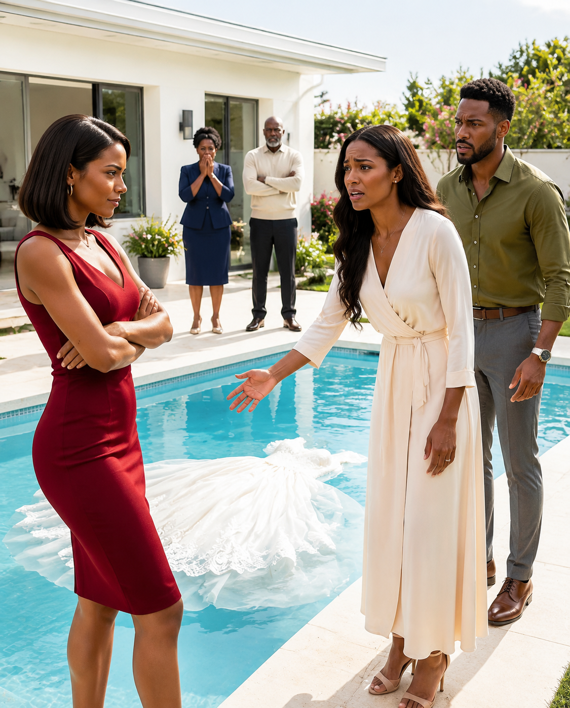 The wedding dress my fiancée had bought with her mother before she passed away was found floating in the pool. “If she cares so much, she should go get it,” my younger sister mocked. What I did next destroyed my family forever.