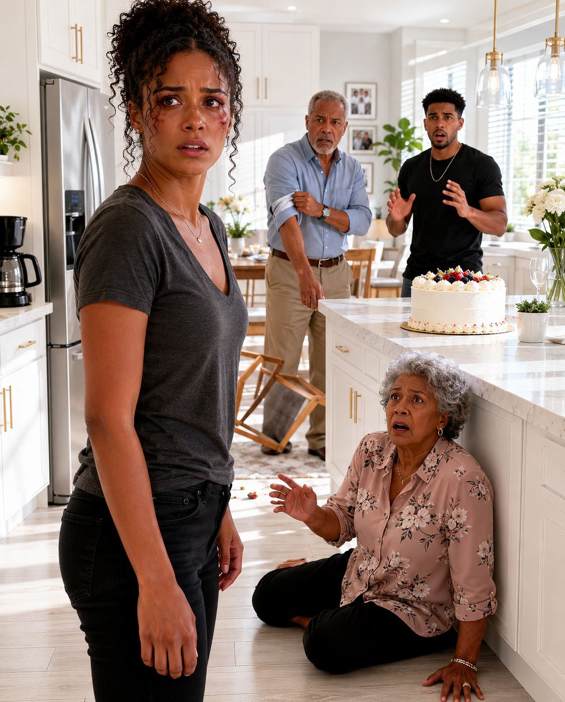 On my birthday, my father walked in, looked at my b.ruis.ed face, and asked, “Sweetheart… who did this to you?” Before I could speak, my husband smirked and said, “I did. Gave her a slap instead of congratulations.” My father slowly took off his watch and told me, “Step outside.” But when my mother-in-law dropped to all fours and crawled away first, I knew this day was about to end very differently.
