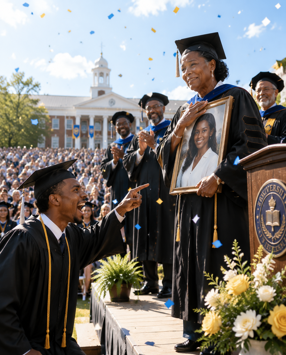 My son banned me from his med school graduation, texting that my scarred hands and limp would embarrass his wealthy in-laws. I had scrubbed floors for 30 years to pay his tuition. I showed up anyway, hiding in the very back row. But the moment the University President announced the ‘Lifetime Hero Award’ and called my name to the stage, I stepped out of the shadows. As I limped past his row, my son’s arrogant expression shattered into absolute terror…