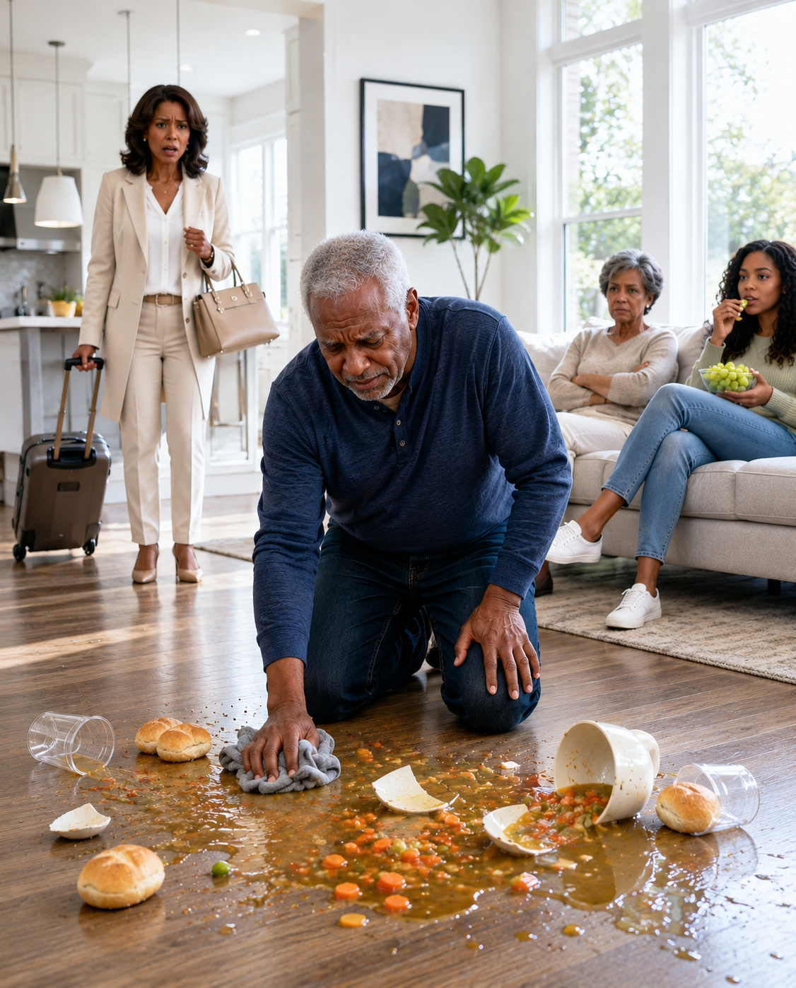 Woman returned early from a business trip and found her father kneeling on the floor cleaning, while her mother-in-law mocked him: “This house smells like the countryside.”