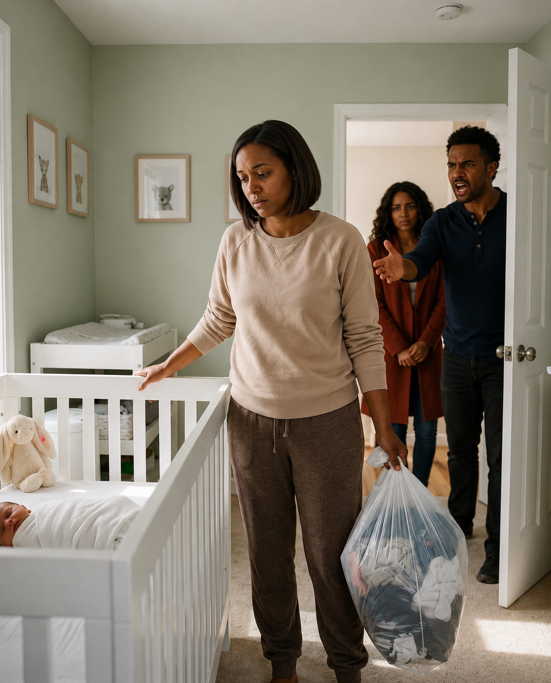 My husband kicked open the nursery door with his mistress wearing my coat, then told his postpartum wife to pack in a trash bag. He didn’t know the stuffed rabbit beside our baby had recorded everything his lawyer told him to deny.
