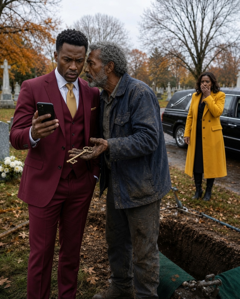 At my father’s graveside, the gravedigger gripped my arm and whispered, “Sir, your father paid me to bury an empty coffin.” Before I could even speak, he pushed a brass key into my hand. “Don’t go home,” he warned.