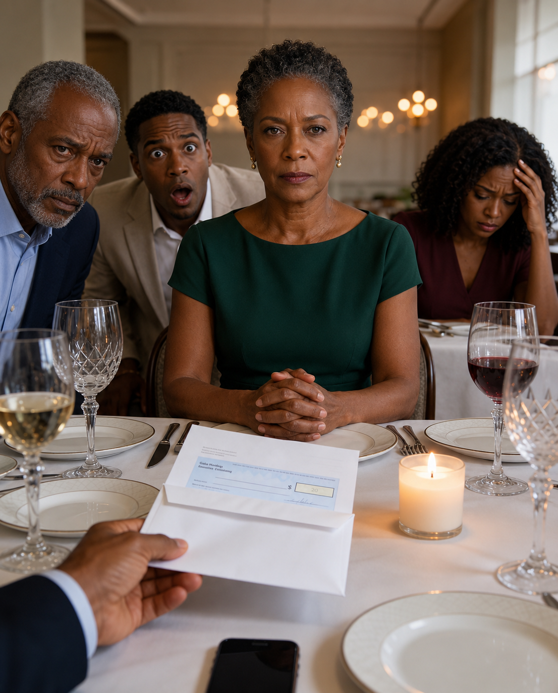 I always let my son-in-law believe I was just a quiet widow living on a tight budget. So when he invited me to dinner with his wealthy parents, I smiled and went. Then his father slid an envelope across the table and said, “It’s time you stopped embarrassing this family.” I opened it, saw the check, and calmly answered my ringing phone: “Yes, put him through. I’ll decide whether Scott keeps his job on Monday.” They thought they were humiliating me. They had no idea who I really was.