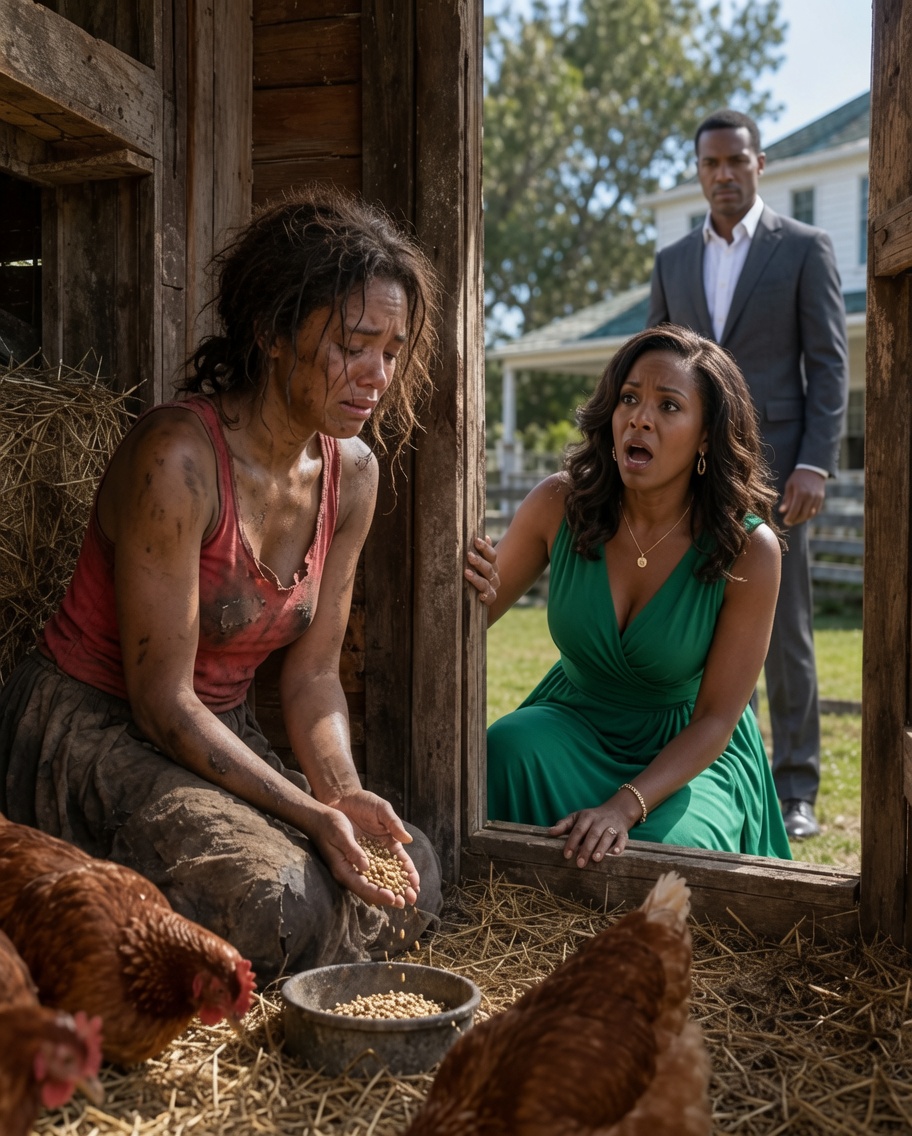 My mother came to visit me expecting a beautiful farmhouse lunch, but froze at the chicken coop door when she saw me barefoot, filthy, and feeding hens from a cracked bowl. “Where is your husband?” she whispered. He appeared in a navy suit, smirking, “She belongs where she acts useful.” My mother’s shock turned ice-cold. “Then tonight, he loses everything he owns—and learns what revenge tastes like.” - True Stories