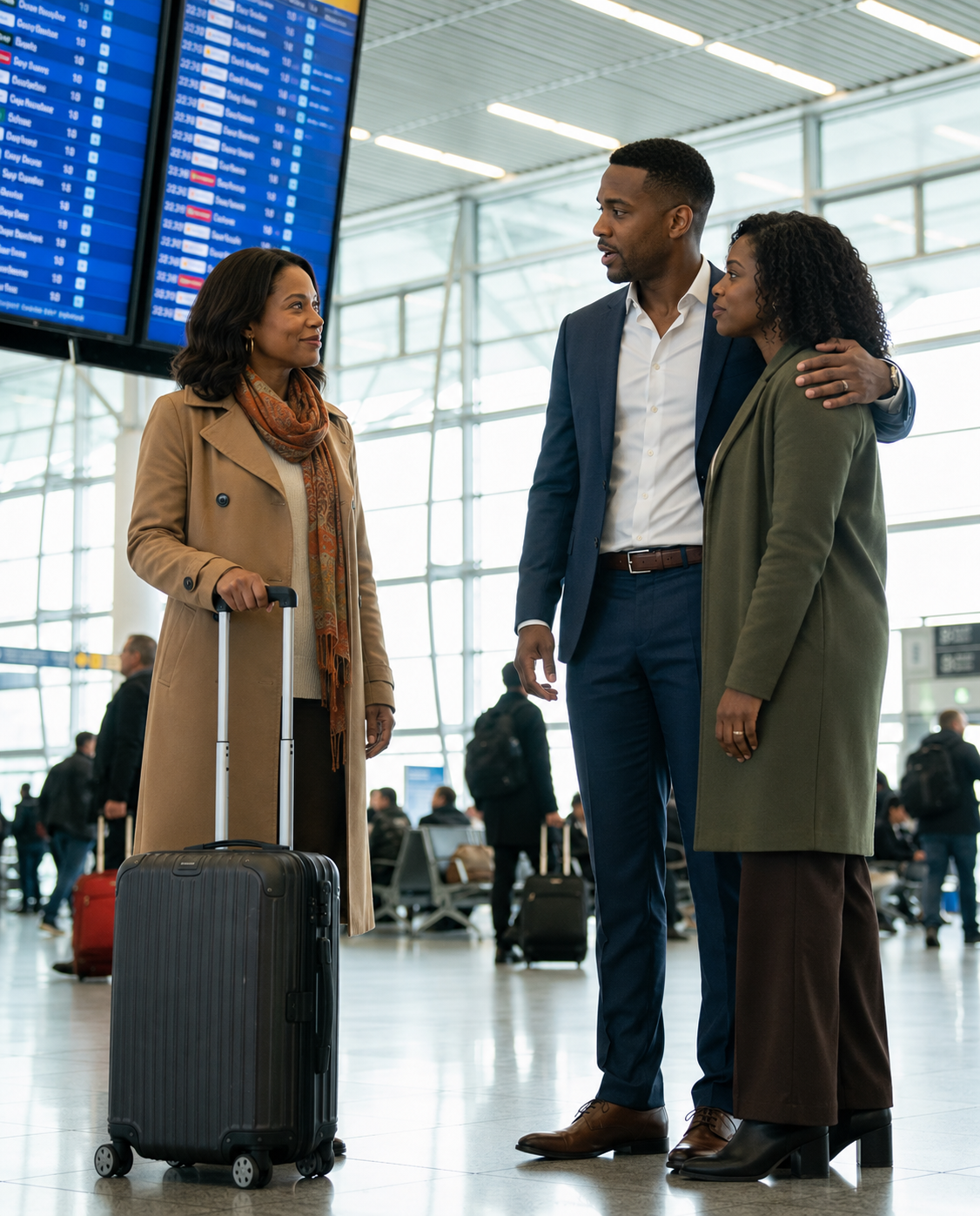 At the airport, I nearly dropped my suitcase when I saw my husband’s arm locked around a younger woman’s waist. But instead of screaming, I smiled and said, “What a surprise… big brother, aren’t you going to introduce me?” Her face turned ghostly pale. My husband went completely still, like the ground had vanished beneath him. In that single second, I knew their secret was far worse than betrayal—and I was about to tear it wide open.