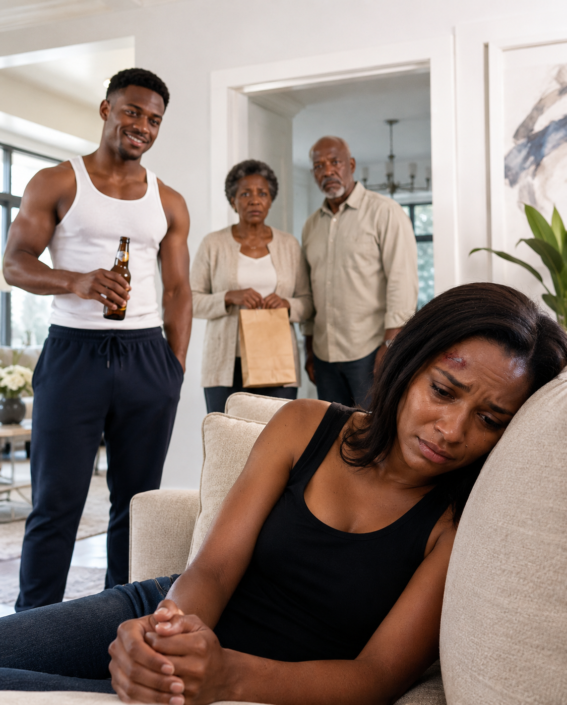 After my husband 𝕙𝕚𝕥 me, my parents noticed the ʙʀᴜɪsᴇ, stayed silent, and turned away right then. He lounged with a beer, grinning: “Such a polite family you’ve got.” But thirty minutes later, the door reopened. This time, I rose and he fell to his knee…