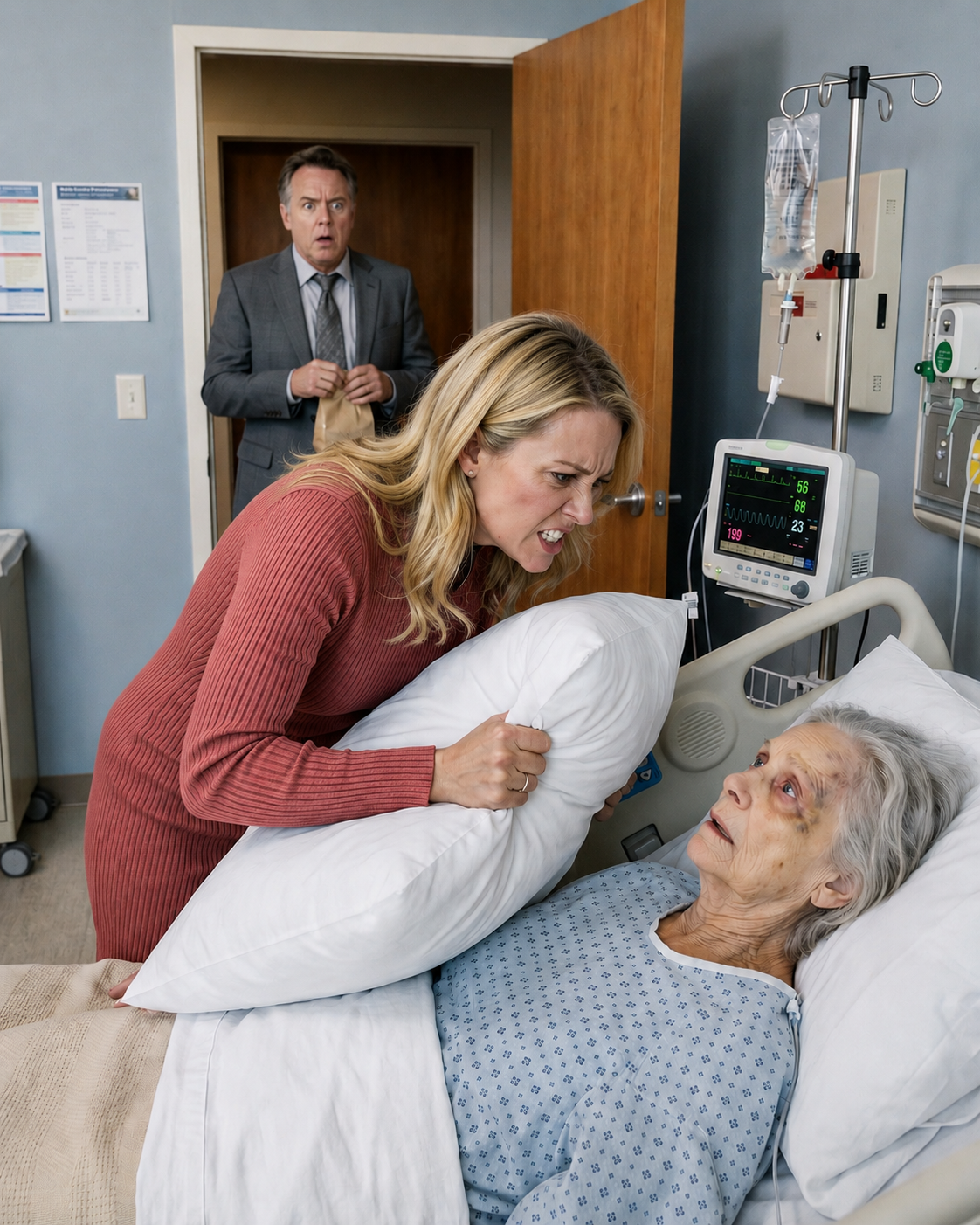 I wasn’t meant to return to Mercy Hill that soon. But the moment I pushed open the door to Room 218, my blood ran cold. My wife stood over my mother, forcing a pillow down onto her face. “Adrien—wait, it’s not what you think!” she screamed. But I had already seen too much. In that instant, I understood my marriage had been built alongside a darkness I had never truly recognized… and what followed shattered my life forever.