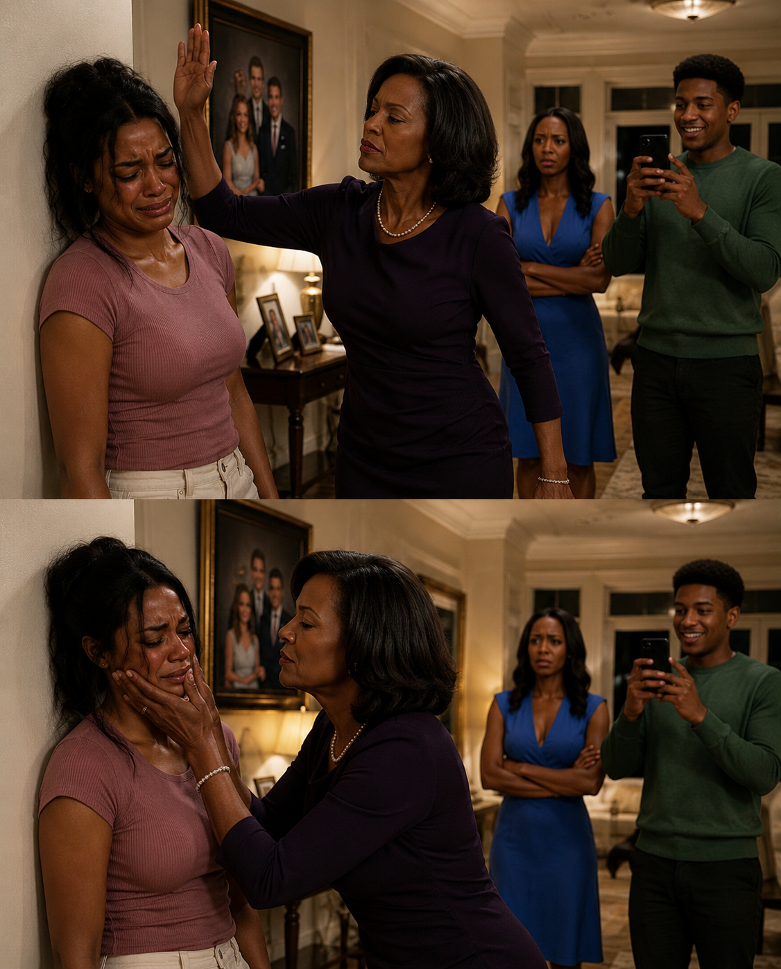My Mom Sl@pped Me So Hard I Crashed Into The Wall. My Sister-in-law Spat On Me And My Brother-in-law Laughed While They Called Me A Gold-Digger Thinking My Husband Was Away On Deployment. But When The Door Opened And He Stepped Into The Room, His Next Words Left Them Frozen In Terror.