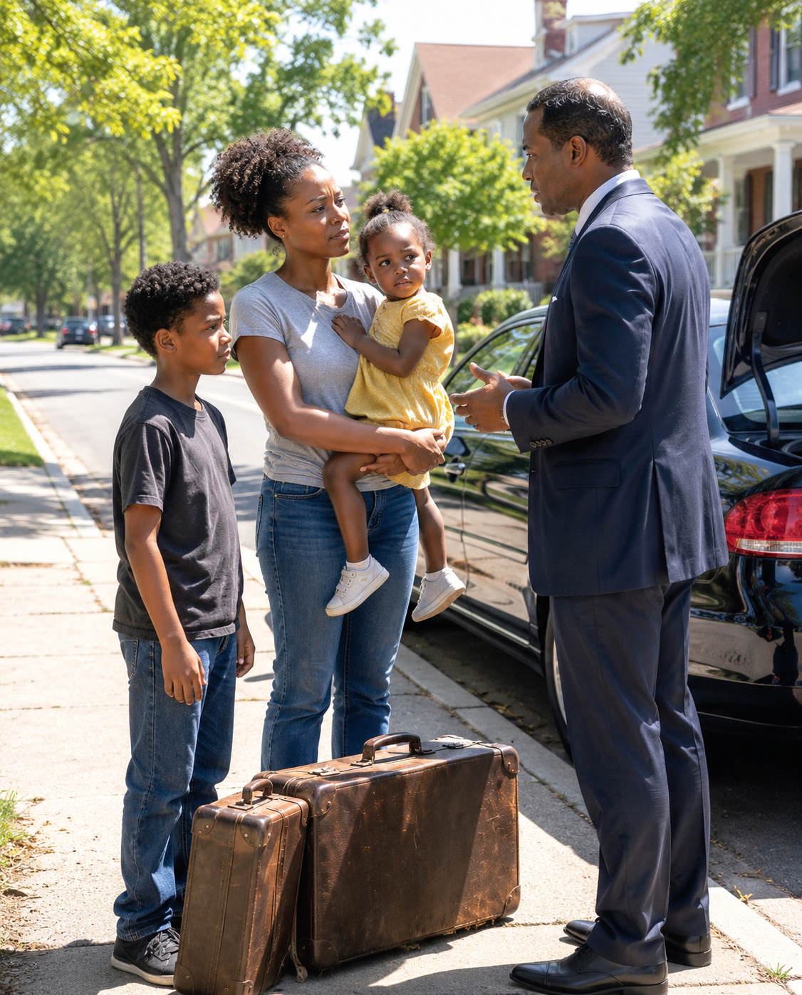 I was standing on the side of a deserted highway with two hungry children, two broken suitcases, and no way home when a billionaire’s black sedan stopped in front of me. I asked him for work—anything that could feed my kids. His answer made my whole world stop: “I can give you a home, security, and a name. But the position is my wife.”