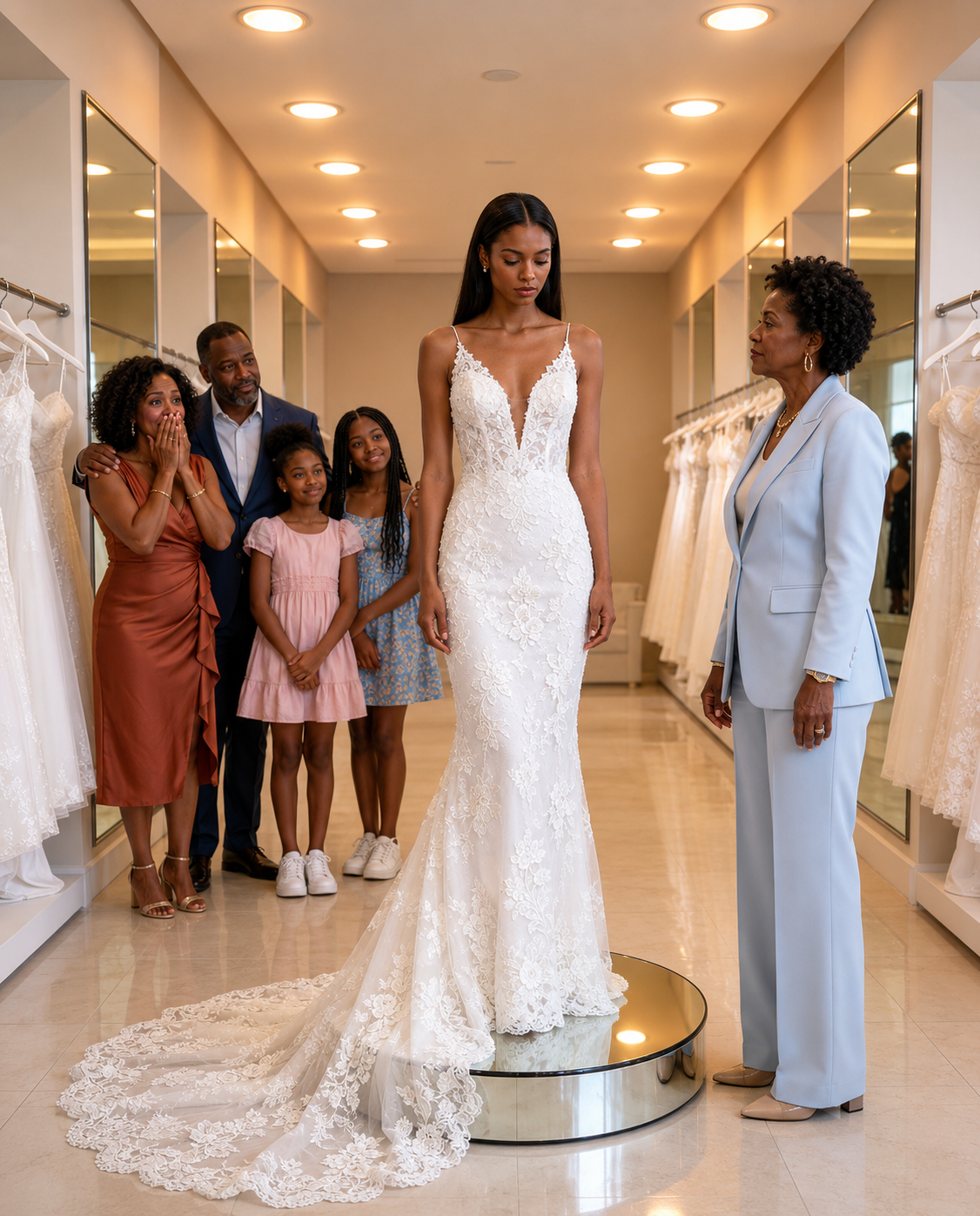 At my bridal fitting, my fiancé’s mother looked me up and down in a $14,000 gown and said, “White is for girls who have a real family waiting at the end of the aisle.” And while the entire salon stood frozen, my fiancé lowered his eyes and said nothing.
