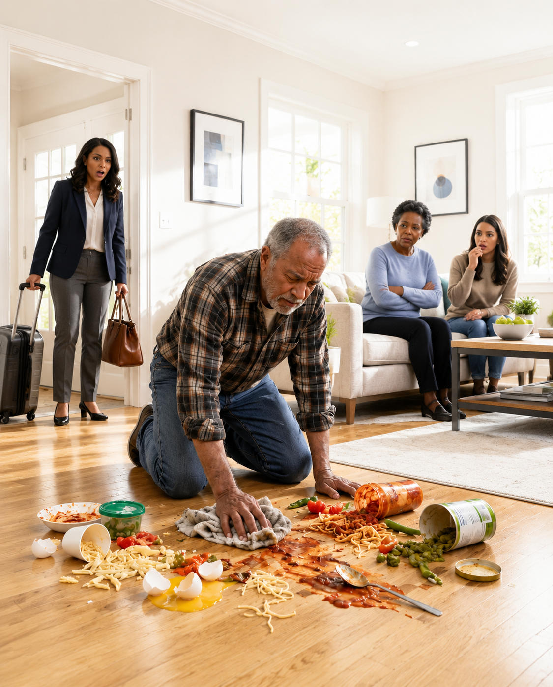 A wife returned early from a business trip and found her father kneeling on the floor cleaning, while her mother-in-law mocked him: “This house smells like the countryside.”
