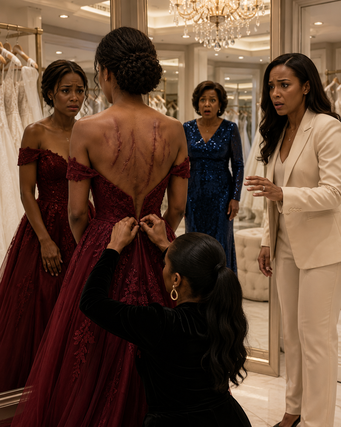 At the bridal boutique, my little sister stepped out to show me her wedding dress. But when the seamstress unzipped the back, I stopped breathing.
