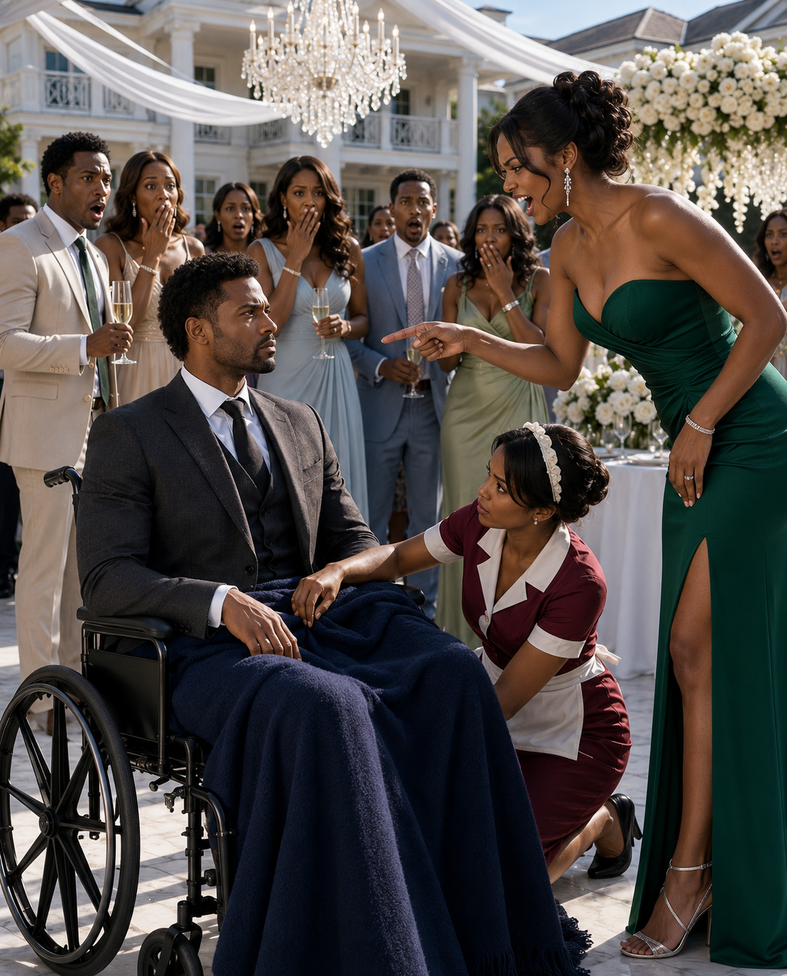 I pretended the accident had broken my bones, so I sat silently in my wheelchair and watched my fiancée laugh mockingly in front of everyone. “Look at you,” she sneered, leaning closer. “Now you’re nothing—just a useless cripple.” No one defended me. Only the maid knelt beside me,
