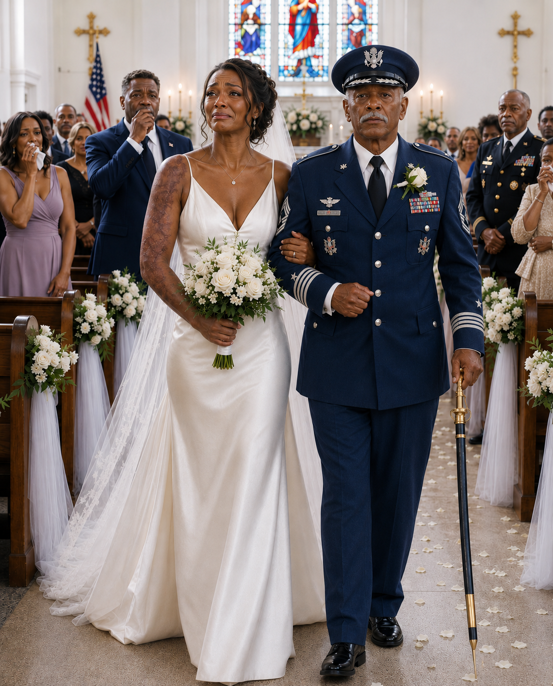 My father saw my scars and refused to walk me down the aisle. As I held back tears, a four-star Navy admiral entered, offered his arm, and said, “I know exactly how you earned them, Lieutenant.”