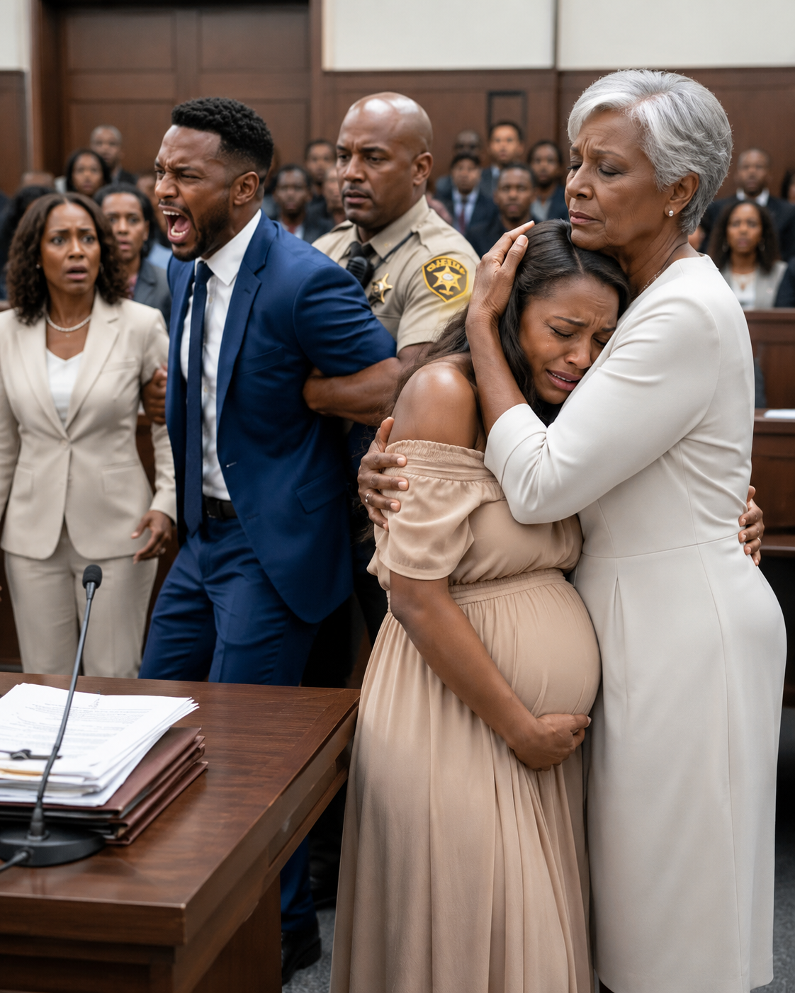 At my divorce hearing, I was eight months pregnant when the judge decided I would leave with nothing. My husband wore a smug smile, certain victory was his. “Let’s see how you and that baby survive without me,” he mocked. I held back tears and got ready to walk out—until the courtroom doors burst open. A billionaire woman entered and said, “My daughter will live far better without you.” What followed changed everything.The courtroom smelled of stale coffee, old paper, and disappointment. My unborn son shifted sharply beneath my ribs, as if he could feel the despair pressing down on me from every direction.  Judge Reynolds struck his gavel.  The ruling was final.  After years of marriage, I would receive nothing.  No house.  No financial support.  No protection.  Nothing at all.  I turned toward my husband, Ethan Walker.  The man who had once promised to love and protect me had finally revealed who he truly was. He had spent months arranging the perfect exit, abandoning me when I was at my most vulnerable—pregnant, alone, and dependent on the future we were supposed to build together.  Ethan leaned across the polished table.  His expensive cologne mixed with the stale air as he delivered one last cruel blow.  “Good luck, Madison,” he whispered. “You started life with nothing, and now you’re right back where you belong.”  Humiliation burned my throat.  I dug my fingernails into my palms until pain steadied me.  I refused to cry.  I refused to give him the satisfaction.  One hand rested protectively over my swollen stomach as I slowly rose from my chair. I had no family. No safety net. No one waiting for me outside those courthouse walls.  It was just me and my baby.