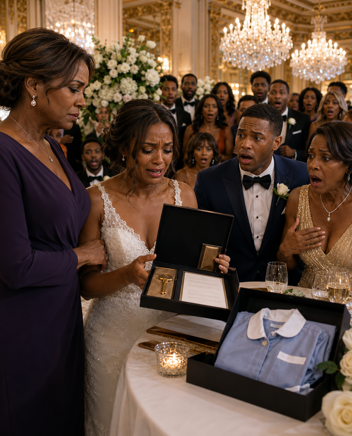 At my daughter’s wedding, her mother-in-law presented her with a gift box. When my daughter opened it, she found a housekeeping uniform inside. My son-in-law grinned and commented, “Just what she’ll need at home.” My daughter’s eyes filled with tears, and she began to tremble. I rose quietly from my seat and said, “Now, let’s see the gift I have for you.” As my daughter opened my box, the expressions on their faces turned to utter shock. - True Stories