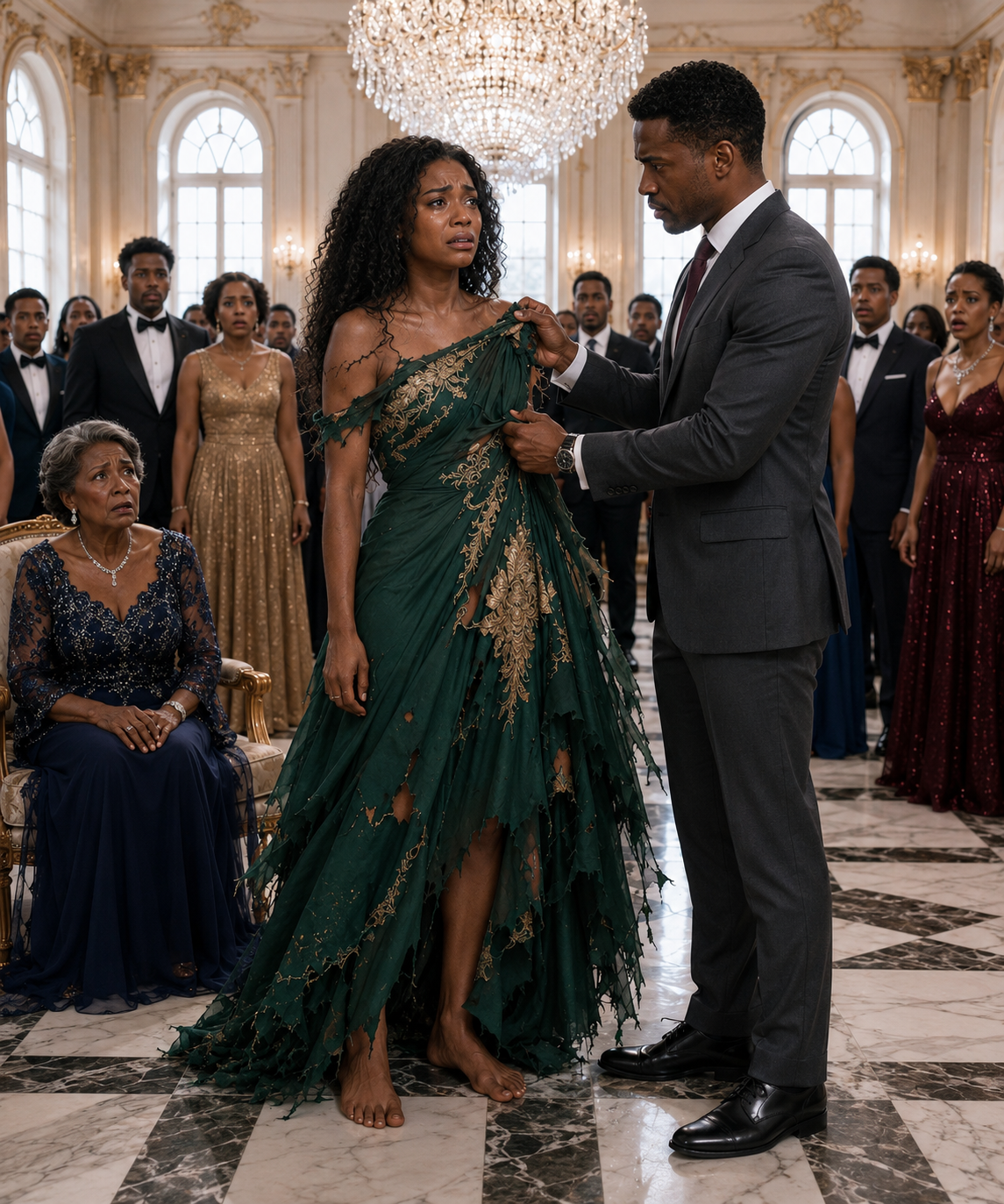 My family forced me to wear an old, worn dress to a grand party, thinking it would make me look poor and invisible. But when the billionaire host saw it, he recognized the hidden golden embroidery inside—and the whole mansion fell silent.