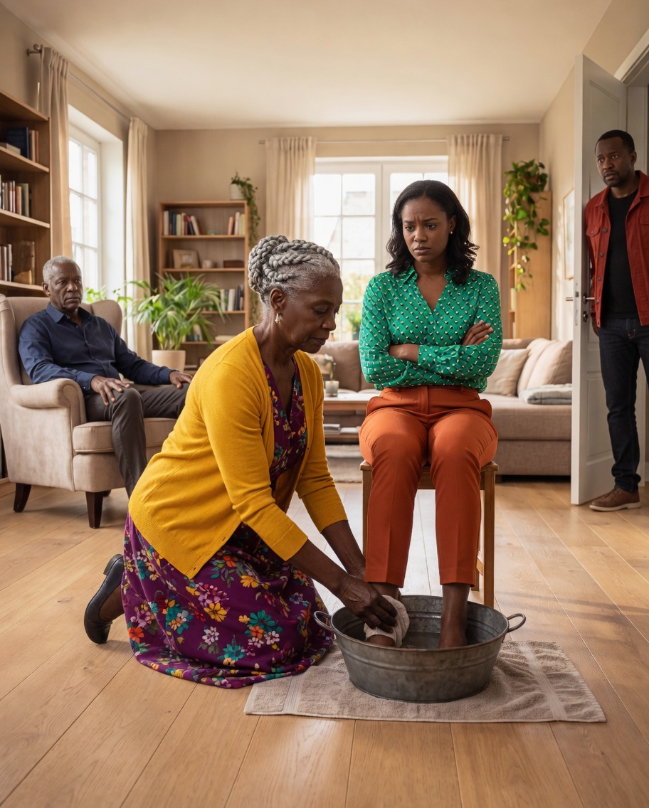 I was seventy-eight years old when my son’s fiancée looked me straight in the eye and said, “Kneel down and wash my feet.” In my own home, on my own soil, I felt my dignity crumble with every passing second. I thought the humiliation couldn’t get any worse—until the doorbell rang, the front door opened, and a voice behind it asked, “What’s going on?”