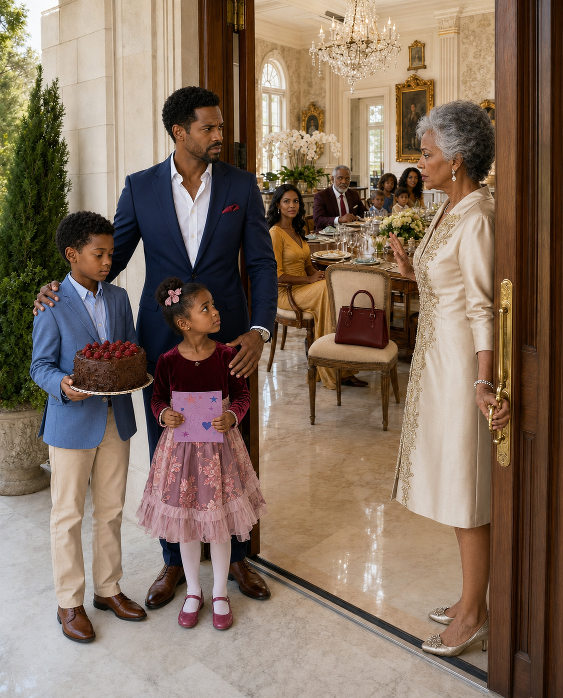 At My Mother’s 70th Birthday Lunch, She Left My Two Children on the Porch, Saying There Was “No Room”—While My Sister’s Purse Sat on the Only Empty Chair. After Nearly Nine Years of Quietly Paying My Parents’ Mortgage, I Took My Children Home and Canceled the Next Automatic Payment. Before Summer Ended, What Happened to That House Forced My Entire Family to Confront the Truth Behind a Story They Had Protected for Years…