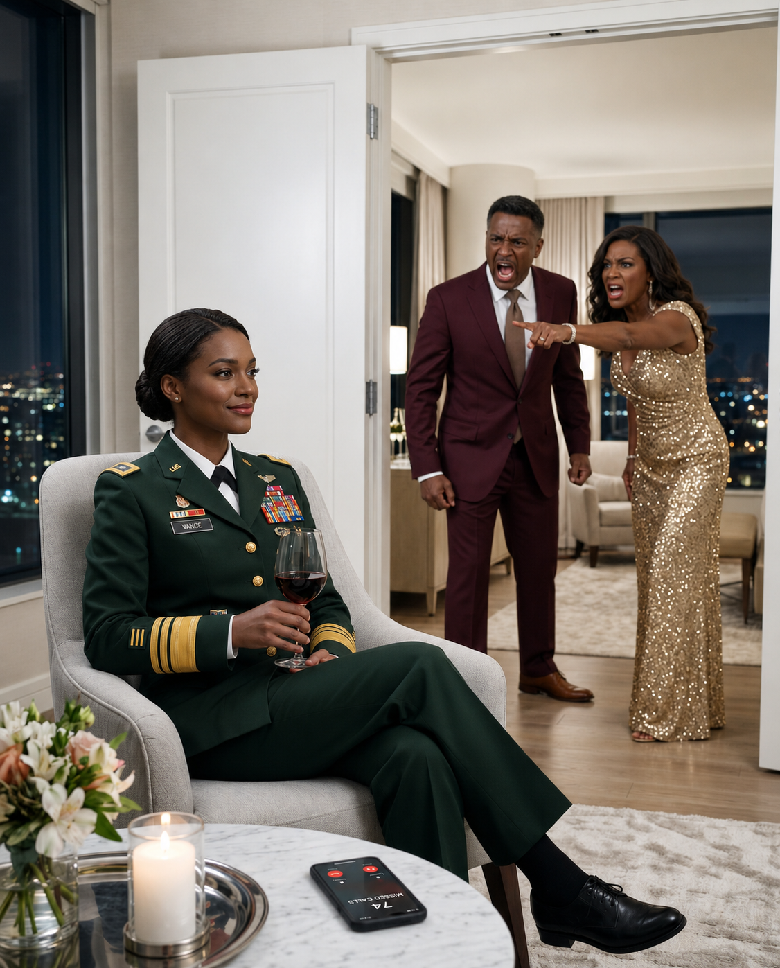 I stepped into my father’s luxury hotel gala in full military dress uniform, only for my stepmother to point her finger and snap, ‘Security, throw her out.’ My father just stood there, holding his champagne, without saying a word to protect me. But by midnight, after a single call to my lawyer, the hotel, the very land it sits on, and $24 million were legally back in my hands—and the woman who tried to humiliate me was outside my apartment, desperately pounding on the door.