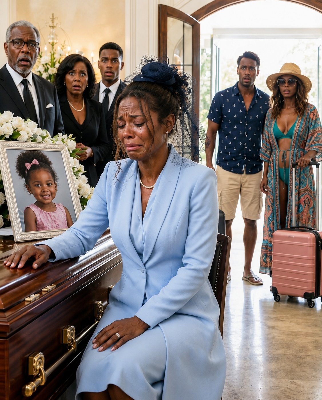 My sister ignored 127 calls while her eight-year-old daughter slipped away with her hand in mine. At Sofia’s funeral, Vanessa arrived sunburned beside my husband, both of them pulling matching suitcases.
