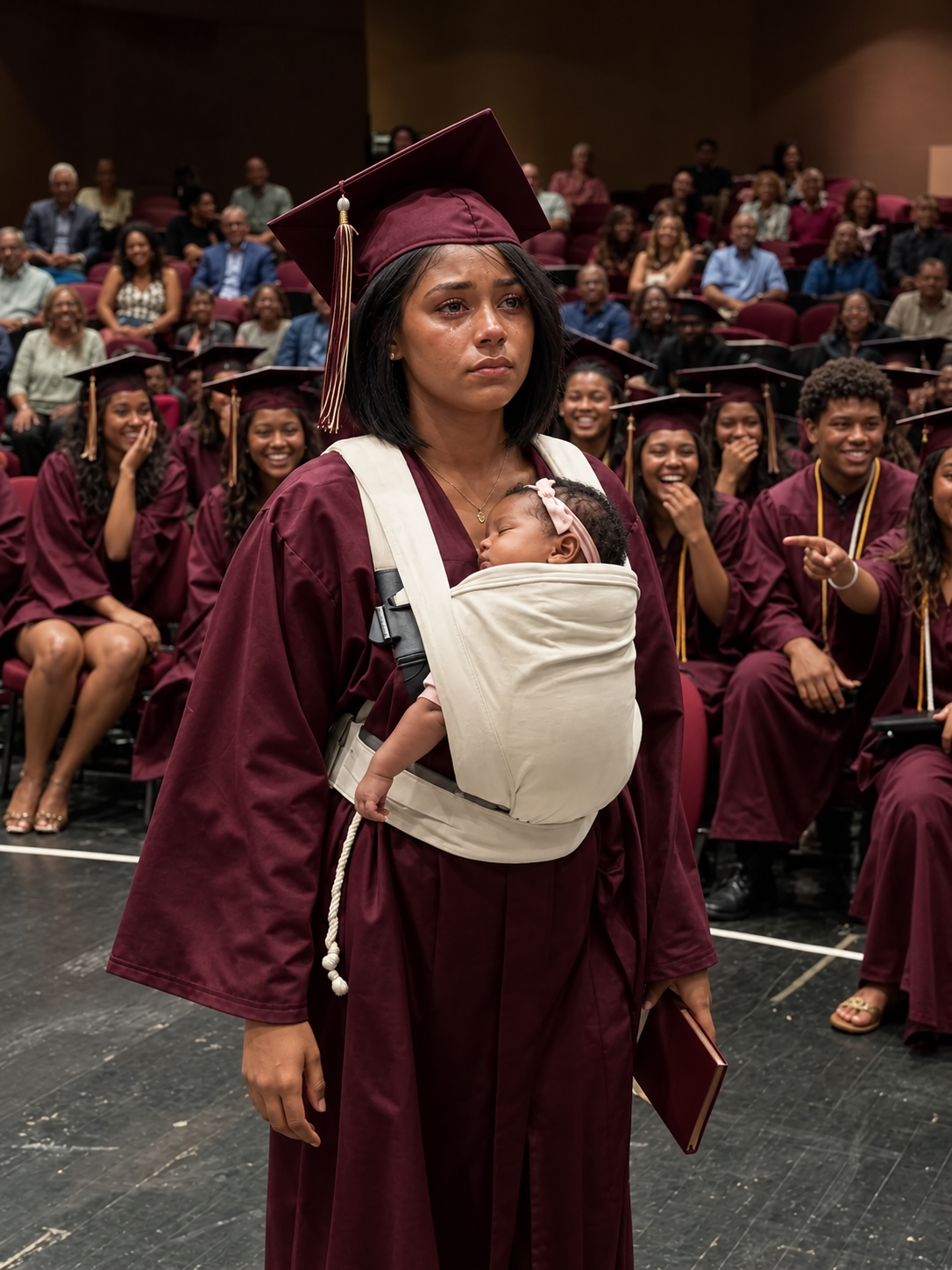 They burst into laughter the instant I stepped onto the graduation platform carrying a newborn in my arms. Someone seated behind me even muttered, “Just like its mother…” But the principal’s next words instantly silenced everyone.
