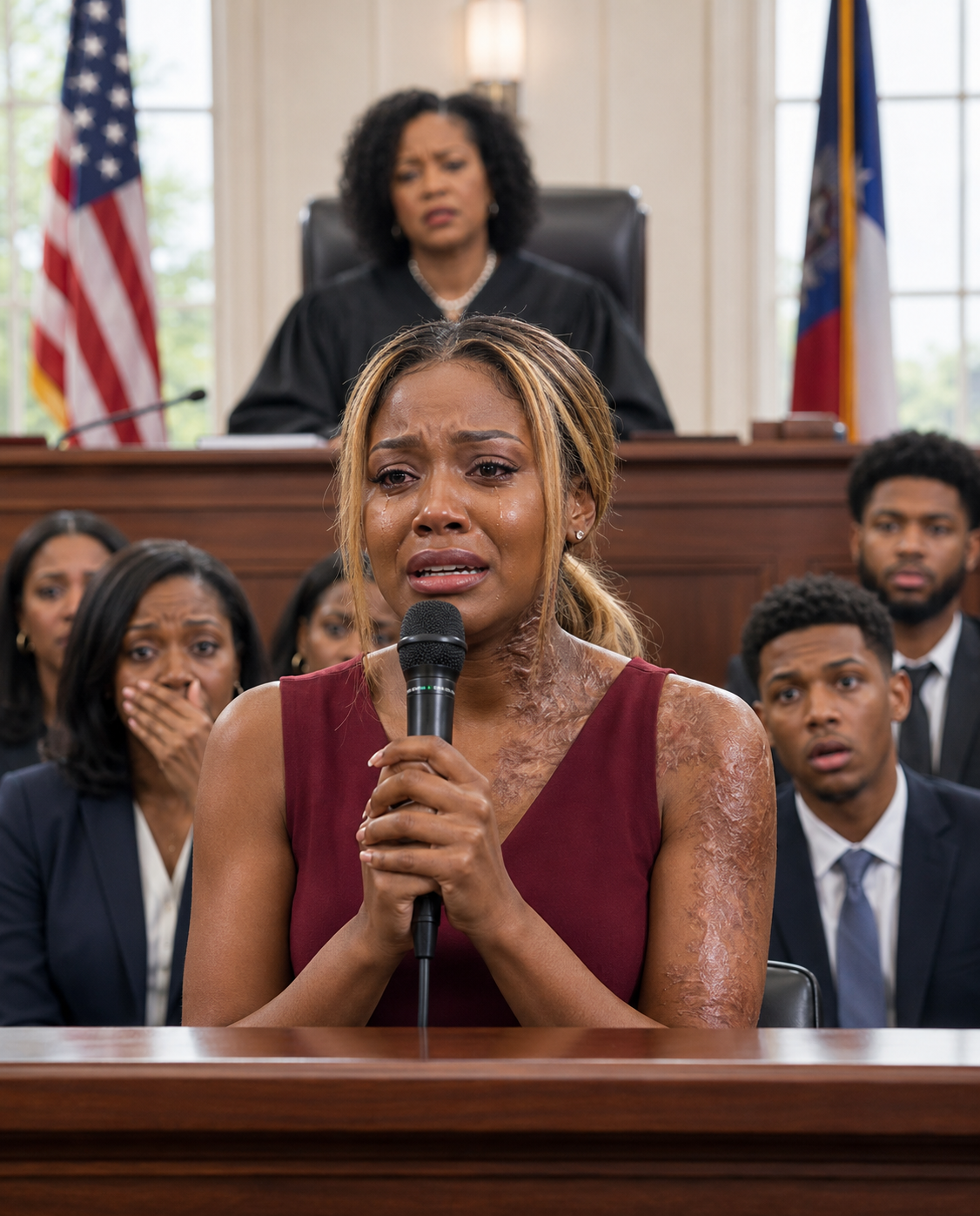 At our divorce hearing, my husband flaunted fake psych reports to strip away my assets, laughing and holding his mistress’s hand as he told me I’d be starving on the streets. He thought I was just a broken, compliant victim. Instead of crying, I calmly unbuttoned my silk blouse. The moment the judge saw what was hidden across my chest and arms, he gasped, plunging the courtroom into dead silence. Staring dead into my husband’s eyes, I whispered, “Your Honor, this is no longer a divorce hearing— it’s the trial of the darkest secret he believed would stay buried forever.” My husband’s smirk instantly melted into pure terror…