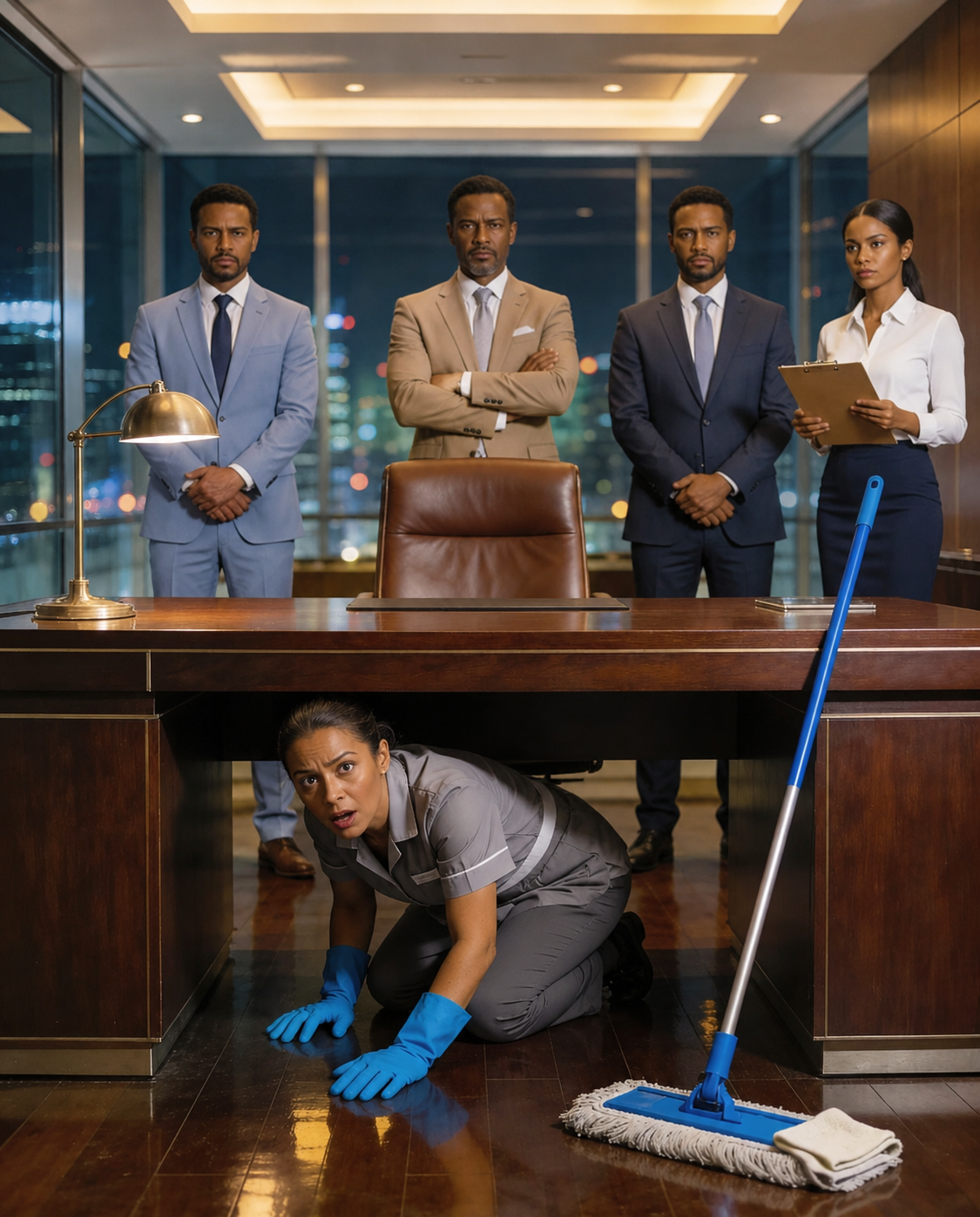 She was thrown out by her husband, then forced to scrub floors at his own company just to feed her kids. That night, his secretary dragged her under the desk—and what she overheard about “five million dollars” and a forged-signature trap made one thing clear: he didn’t just leave her… he meant to destroy her.