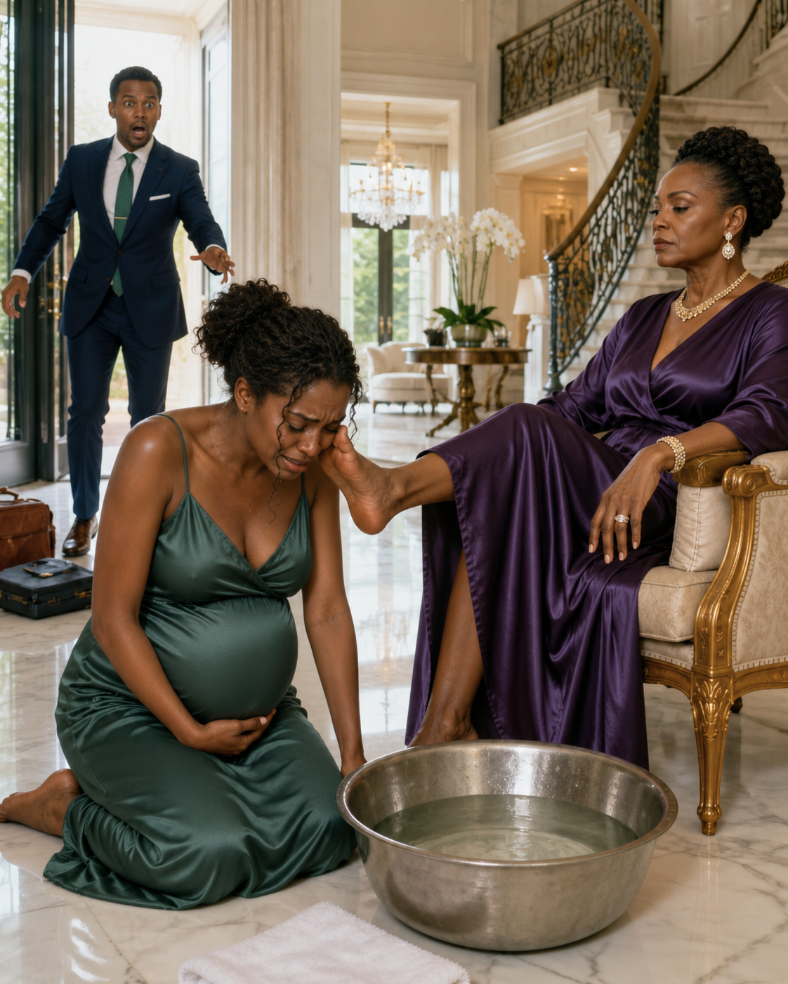 I came back for some confidential documents and found my 8-month pregnant wife kneeling, crying while washing my mother’s feet. “This house belongs to my children, not to you,” she said. I held my breath, gathered two suitcases, and showed her bank statements revealing who had been stealing from us for months.