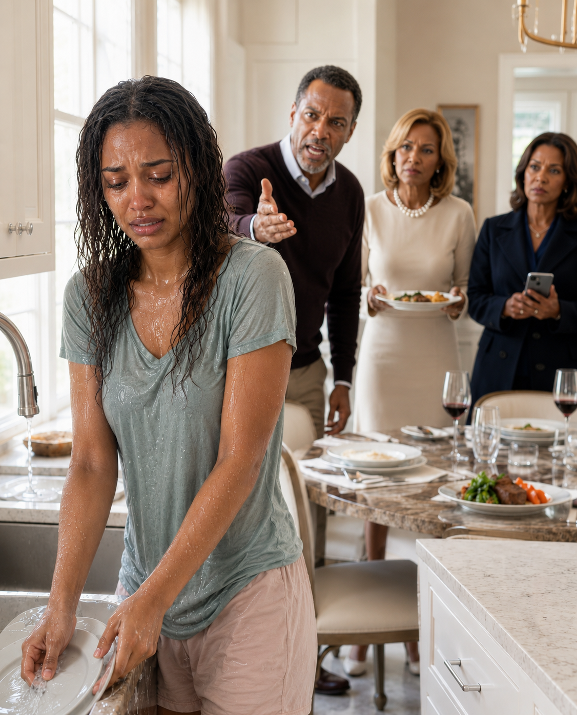 I Walked Into My Daughter’s Home and Froze. She Was Washing Dishes With Bare Hands in Freezing Water While Her Husband and His Mother Enjoyed Dinner at the Table. When He Said, “Forget the Dishes—Bring More Food,” I Quietly Called the Real Owner of the House.