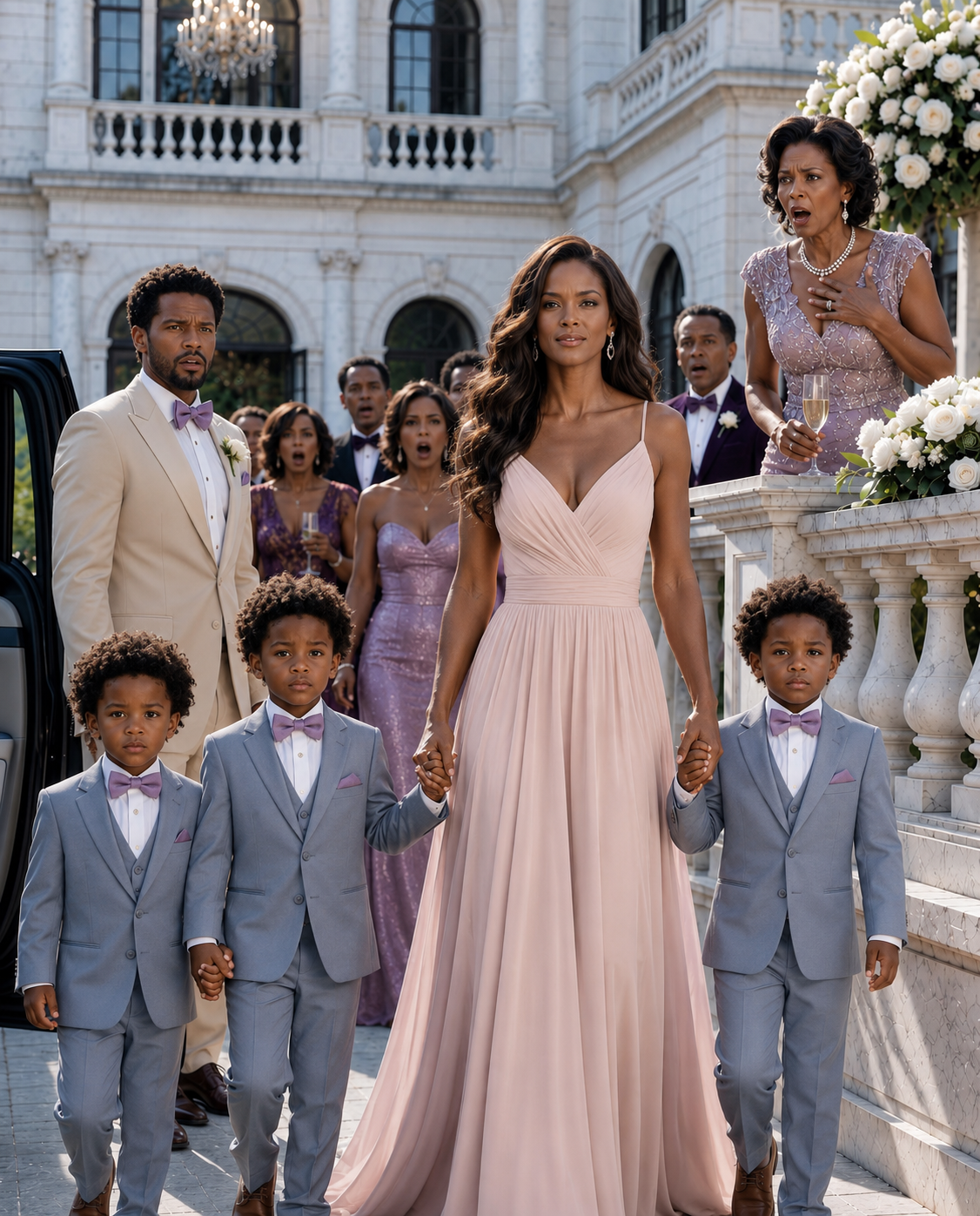 I Brought My Five-Year-Old Triplets To My Millionaire Ex-Husband’s Wedding—But When His Mother Saw Their Faces, Her Champagne Glass Shattered, And The Whole Mansion Realized The Bride Was No Longer The Biggest Secret There…