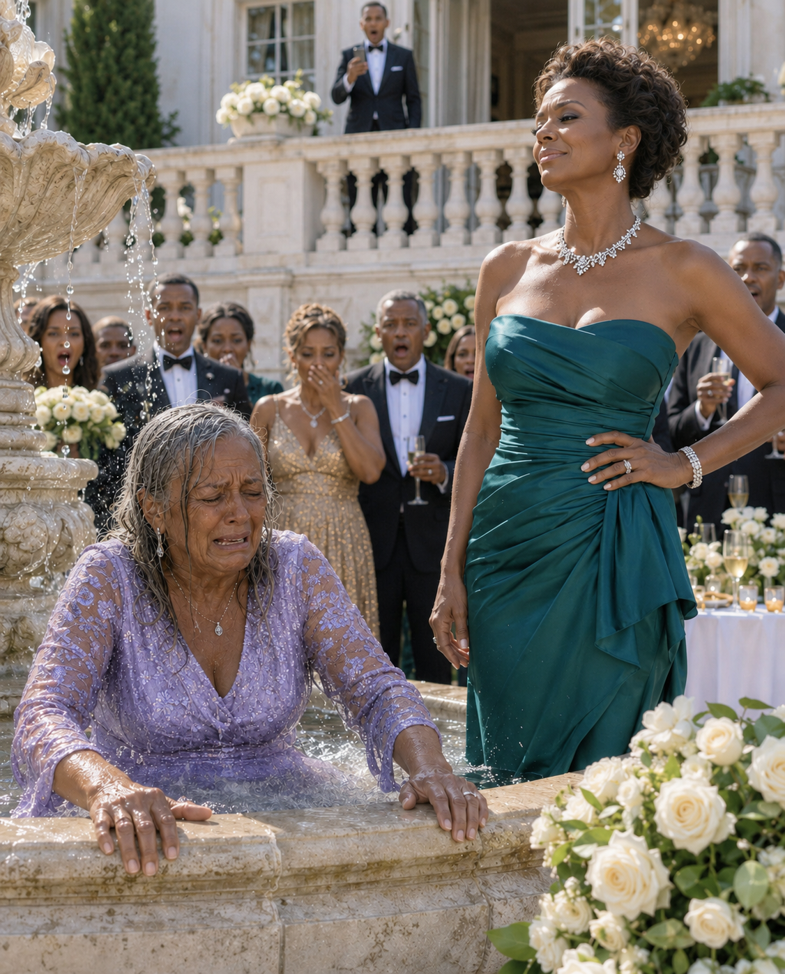 During our lavish engagement party, I watched from the balcony as my fiancée sh0ved my mother into the decorative fountain. “Your cheap clothes are ruining my aesthetic,” she laughed with her wealthy friends.