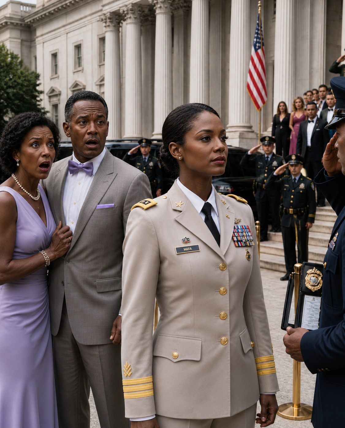 “My daughter? No, she’s only my guest,” my mother told the armed guard at the military gala. I didn’t move. Then his flashlight swept across the gold seal on my ID—and for the first time that night, my mother’s smile vanished.