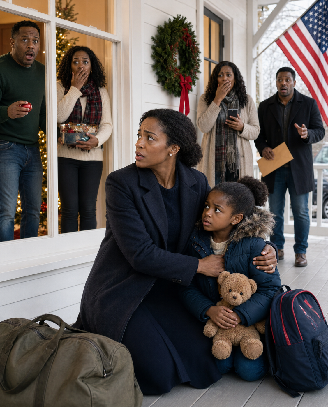 I returned from my military deployment early to surprise my family for Christmas, only to find my little girl sitting on the freezing porch, clutching her teddy bear. ‘Daddy said we don’t belong here anymore,’ she whimpered. Looking through the window, I saw him helping his mistress decorate our family Christmas tree. I didn’t bother knocking. I just scooped up my daughter and said, ‘Come with Mom.’ They had absolutely no idea they had just made the biggest mistake of their lives.