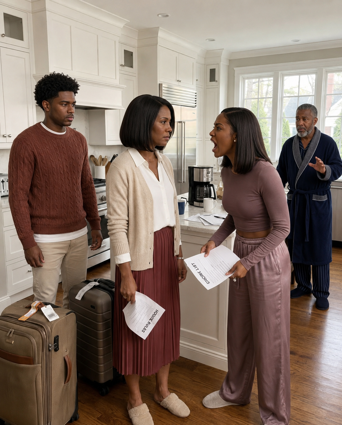 My husband’s daughter arrived late at night with her husband, two suitcases, and the confidence that our home was already hers. She handed me a list of chores while my husband stood silent. I felt humiliated, but I smiled and said, “Okay.” At 6 a.m., everything changed.