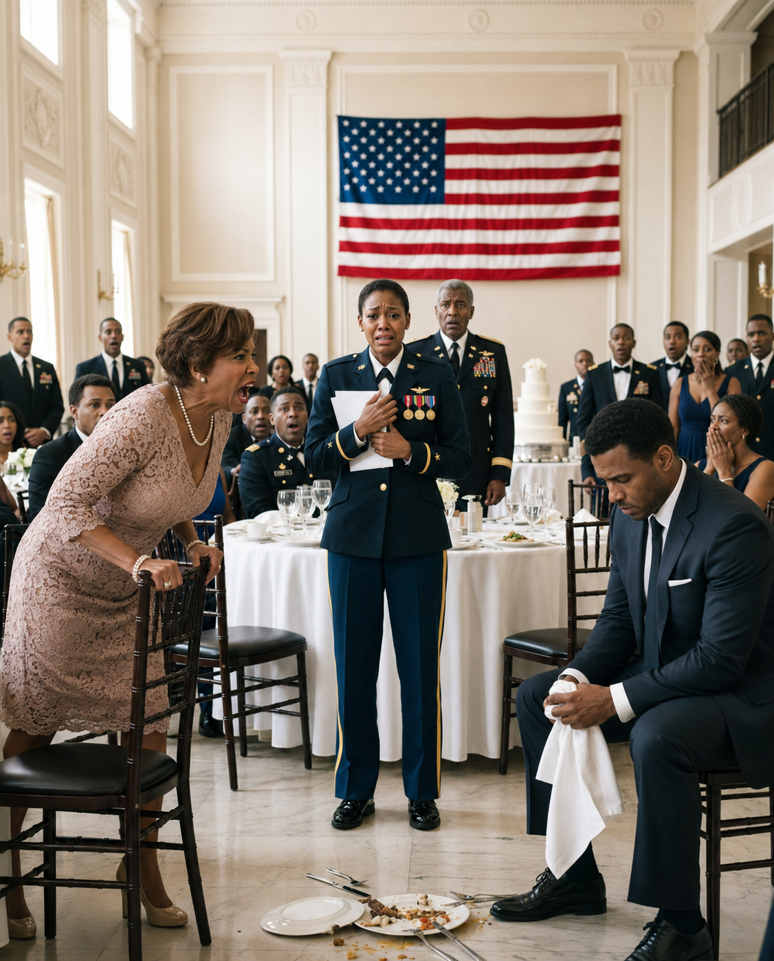 My mother-in-law shattered my dinner plate against the floor at my father-in-law’s retirement gala, publicly declaring, ‘You don’t belong at this table.’ While my husband cowardly turned his gaze away, I calmly stood up, straightened my military dress uniform, and dropped a three-word response that struck the entire room dead silent. The next morning, the tables had turned, and they were all begging at my doorstep.