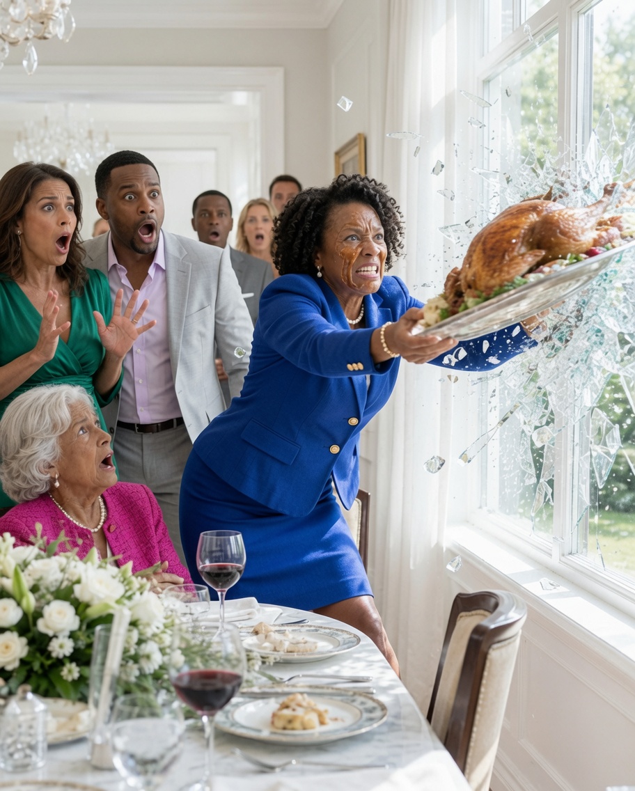 I spent six hours preparing a lavish dinner for my daughter-in-law’s wealthy parents. Before they arrived, she tasted the gravy and deliberately spat it right in my face. “It’s disgusting, just like you,” she hissed. My son just patted her shoulder to calm her down, ignoring me completely. I quietly wiped my face, picked up the entire roasted turkey platter, and threw it straight through the dining room’s glass window. The s:hatteri:ng c:rash made them both freeze in terror just as the doorbell rang…