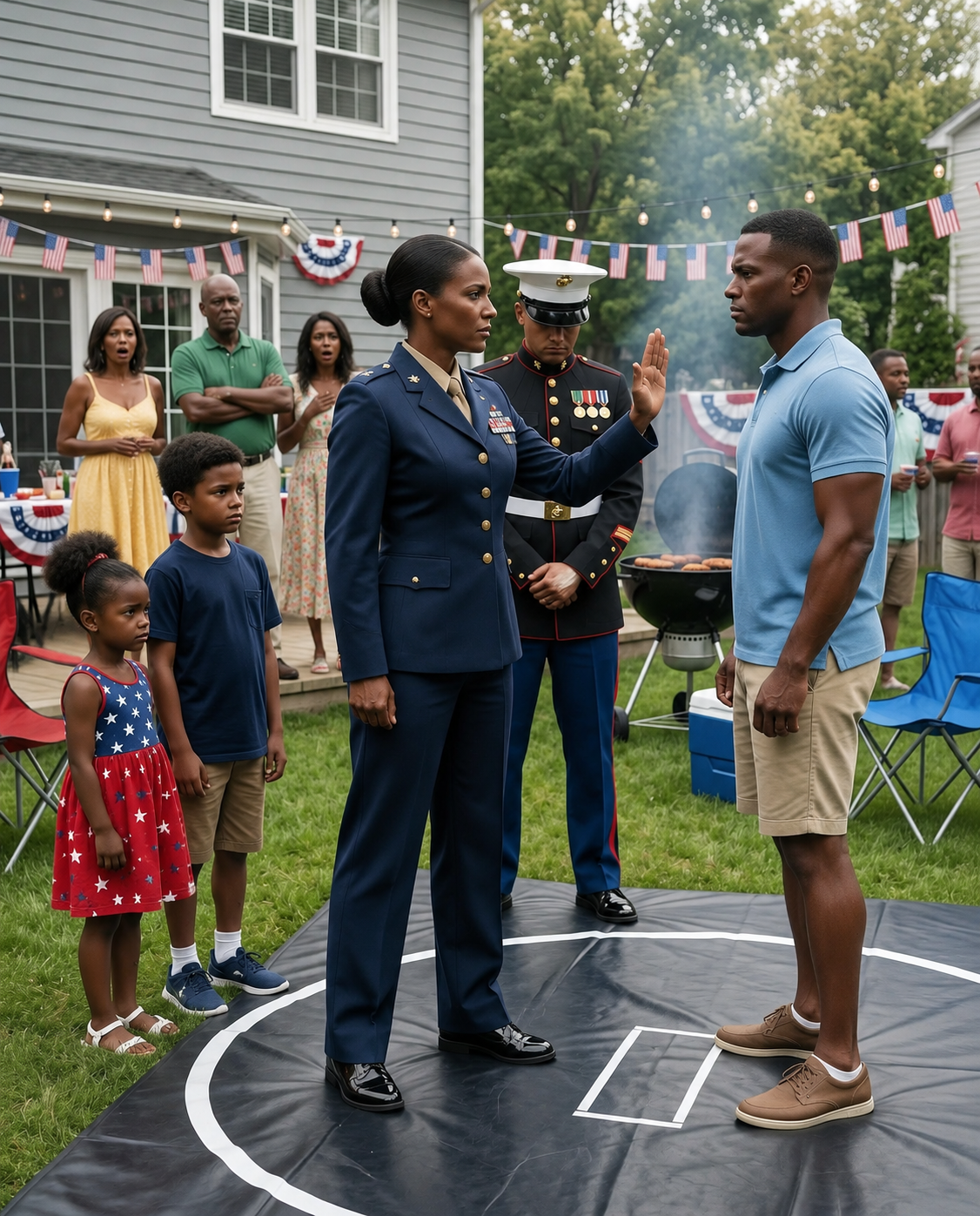 In front of our entire family, my brother-in-law forcefully shoved my thirteen-year-old son onto a wrestling mat and laughed, while my husband just stood by in passive silence. He sneered at my service, calling me an “office Marine” and mocking a military career I had spent twenty-two years keeping quiet about. But the moment I stepped onto that mat, it took exactly six seconds for the man who mistook my restraint for weakness to learn exactly who I really was.