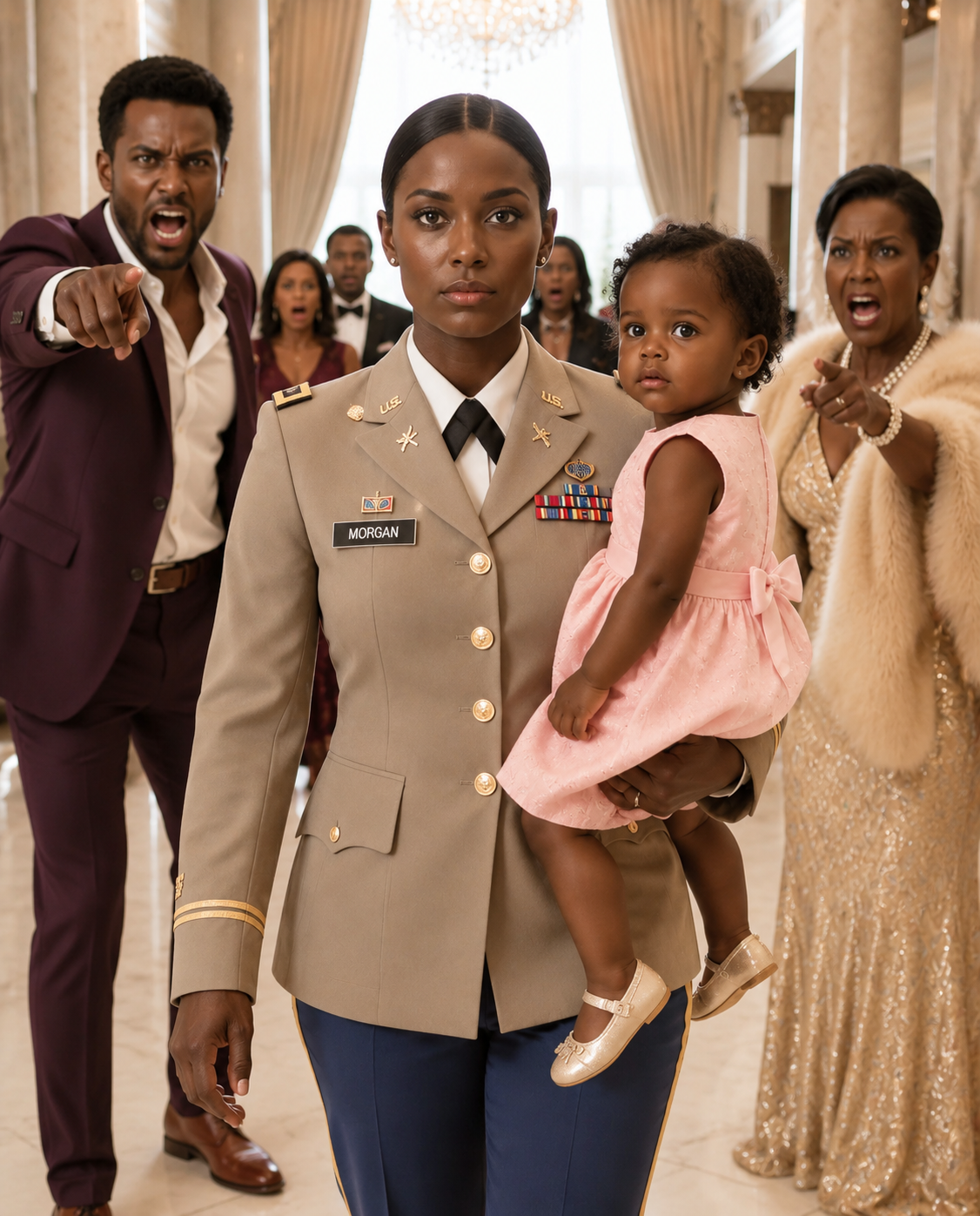 My husband texted: “Don’t be late tonight. Mom has a surprise waiting for you.” I drove home from my military base with my one-year-old daughter… smiling the entire way. But the moment I walked in… the living room was filled with relatives. Everyone was staring at me. My husband slammed a DNA test on the table. “She’s not my child.” My mother-in-law pointed at the door. “Get out of my house!” Before I could say a word… the front door opened.
