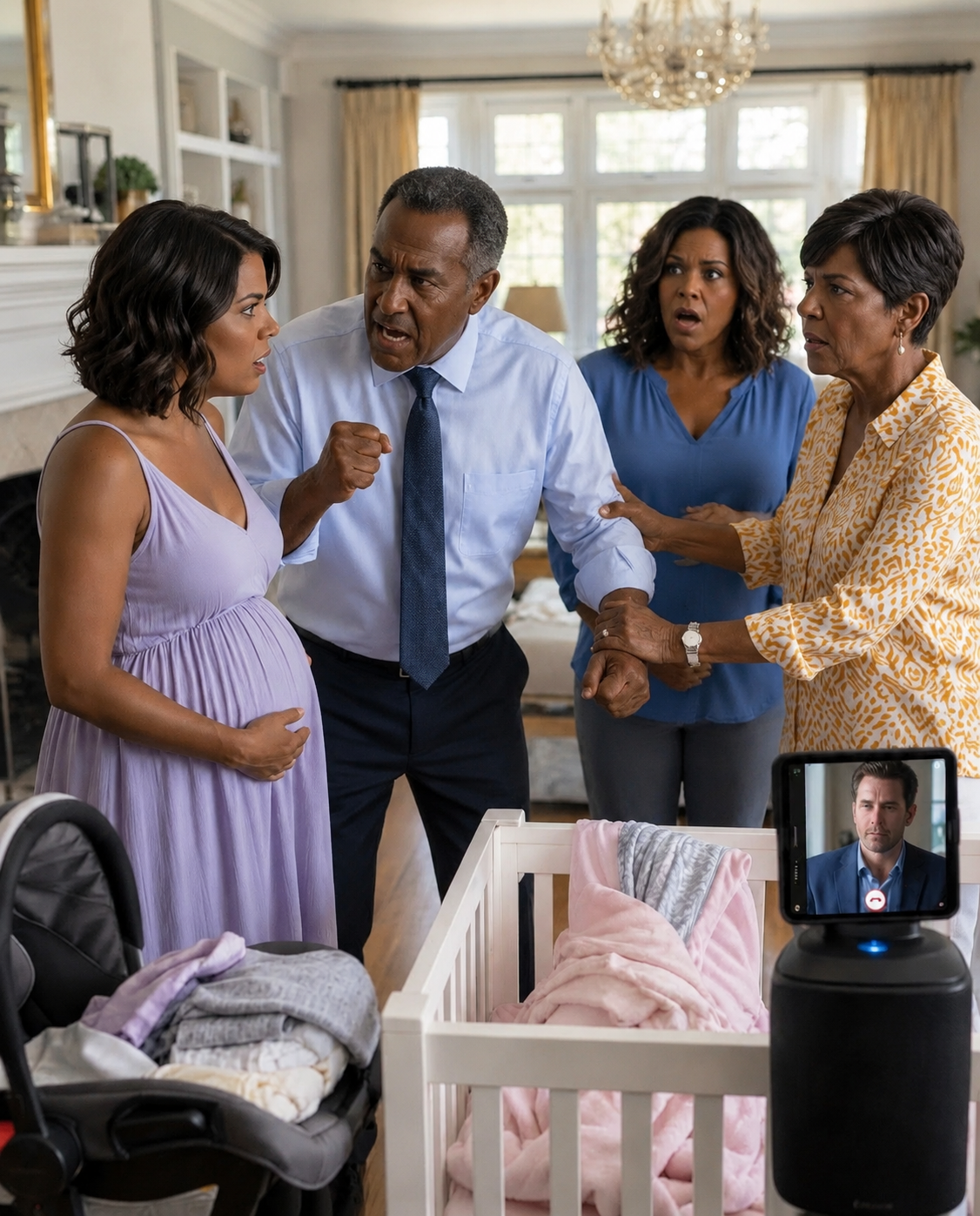 My sister announced her pregnancy and my parents immediately decided she deserved my unborn daughter’s crib, clothes, car seat, and home. When I refused, my father charged toward me—and as my mother held my wrist, my husband’s voice suddenly came through the speaker.