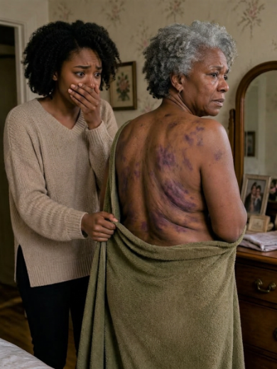 I came home to visit my elderly mother, but when I offered to help bathe her, she shrank back in terror. “Please… don’t take off my coat,” she pleaded, her body trembling. The moment I carefully slipped it from her shoulders, I saw dark bruises and rope marks covering her fragile skin.