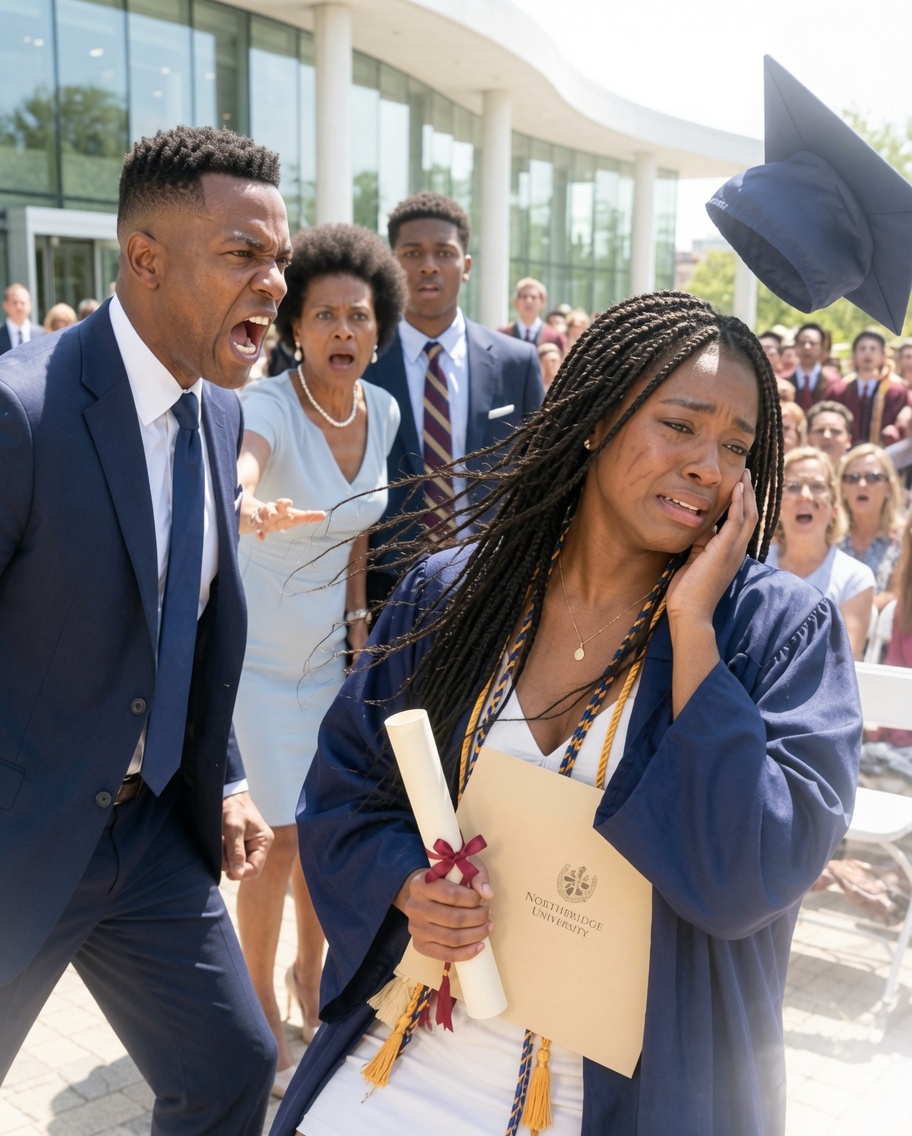 At my graduation ceremony, my father stru:ck me so hard my cap dropped to the ground. My mother shouted, “You’re nothing but a failure in a graduation robe!” Everyone thought I would break down right there, but instead, I picked up my diploma, walked to the microphone, and exposed the secret my family had kept buried for four years.