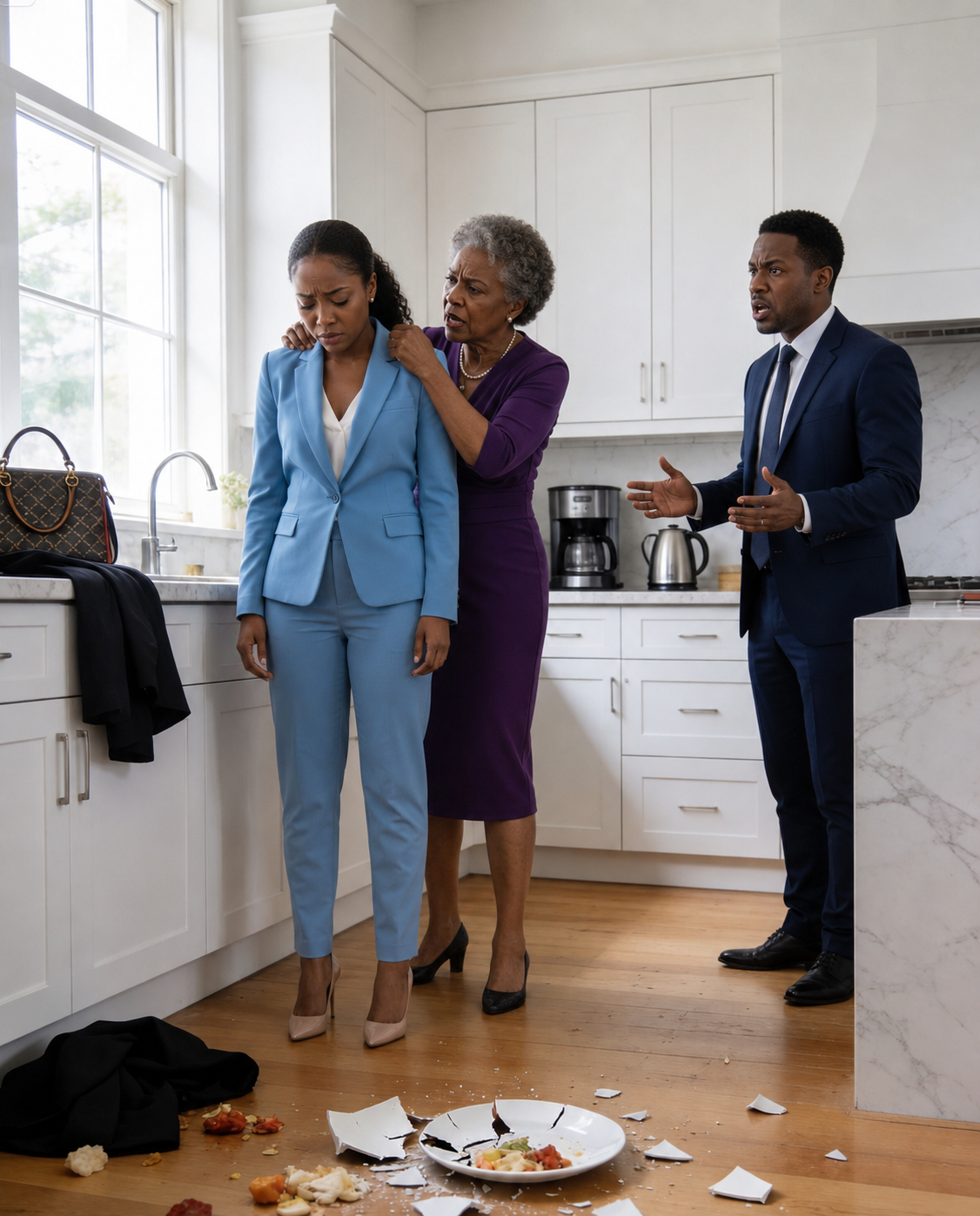 My mother-in-law tore my dress to humiliate me in my own kitchen; the next day, her son lost his job, the house, and the keys.