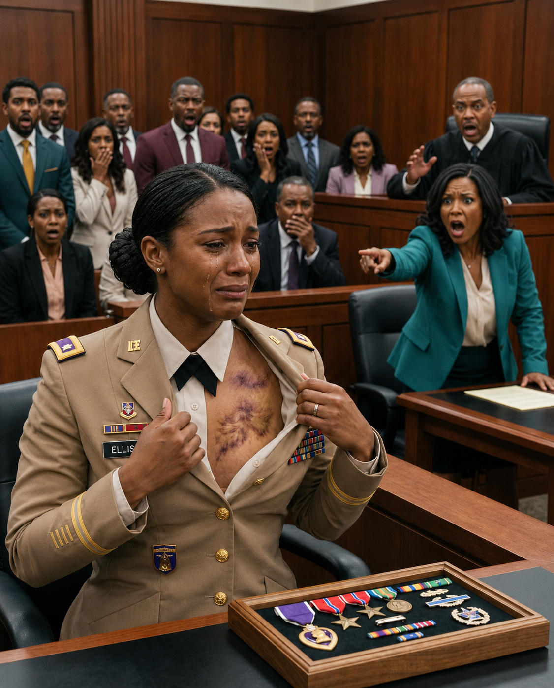 I stood frozen as I watched my own mother swear under oath that I had never served my country. She looked the judge dead in the eye, pointed at the scars hidden beneath my clothes, and claimed they were fake. Before a packed courtroom, she callously declared that I had fabricated twelve years of military service, bought my medals online, and built my entire life on a foundation of lies. The jury believed her. The reporters furiously took notes, catching every single word. Even my younger brother was smirking triumphantly, convinced he had already won. But none of them knew one thing—I was counting down the minutes. Because right outside those courtroom doors, the only people who could prove my truth were on their way. And when those doors finally fly open, my family’s ultimate lie will come crashing down.