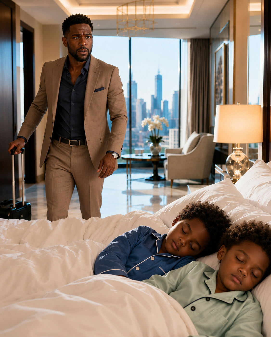 The Millionaire CEO Returned to His Presidential Hotel Suite After Midnight and Found Two Little Twins Sleeping Peacefully in His Bed—Then Their Exhausted Mother Stepped Out of the Shadows