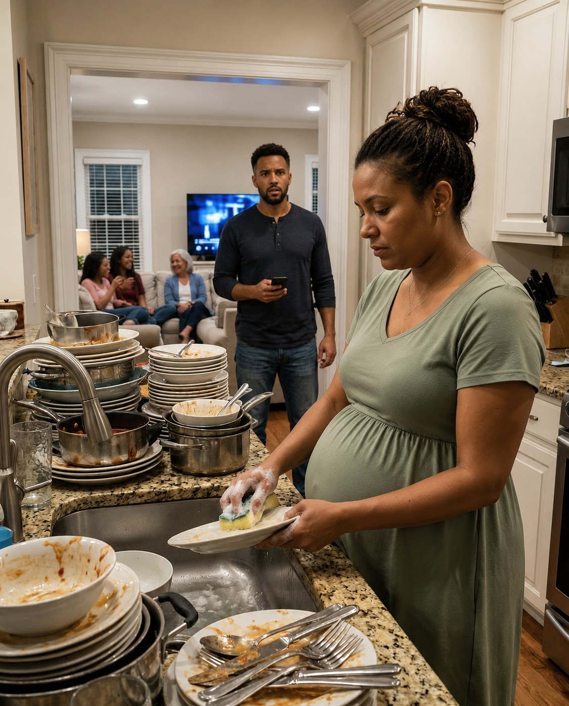 When I Saw My Eight-Month Pregnant Wife Washing Dishes Alone At 10 PM, I Called My Sisters And Said Something I Had Never Said Before — The Reaction That Followed Left The Entire Room Silent