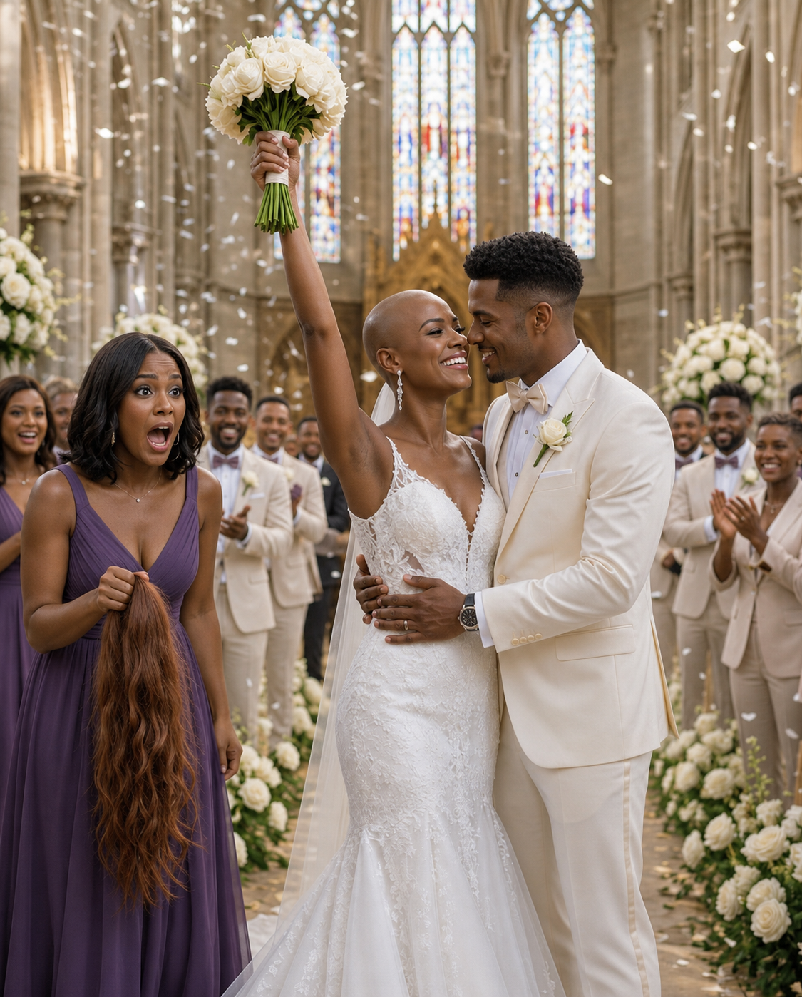 Before my $5M wedding, my jealous sister hid my wig to mock my chemo hair loss. Instead of crying, I walked down the aisle bareheaded, wearing a $2M diamond tiara. But when 500 guests stood in silence, my groom revealed the truth that destroyed her.