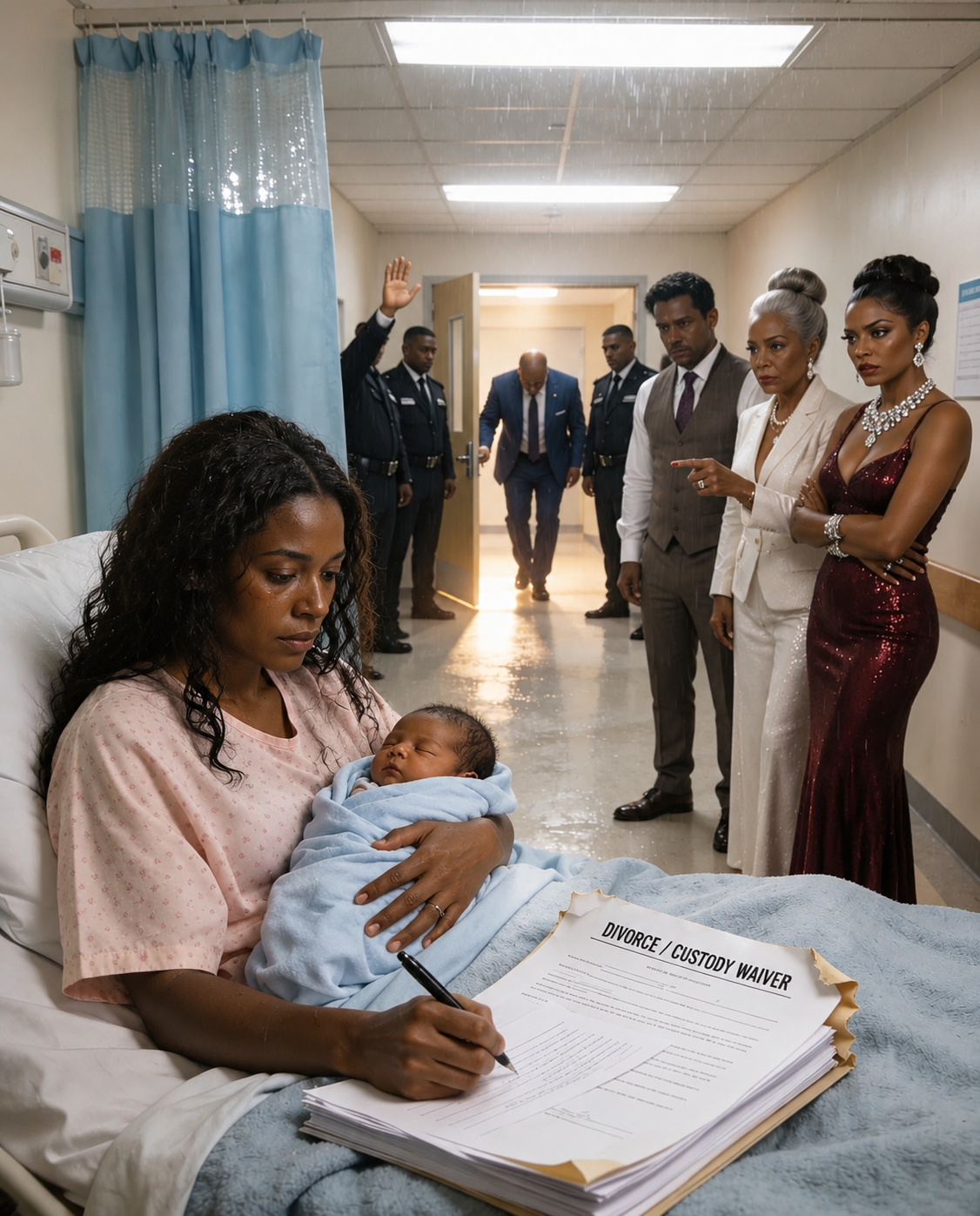 She had barely delivered her baby in a charity ward when her husband and cruel mother-in-law shoved divorce papers in her face—mocking her for being “poor” and demanding custody. She signed in silence… until the hospital director entered, bowed, and called her “Madam Chairwoman.” In one breath, the mistress turned pale, the mother-in-law collapsed, and their entire future vanished.